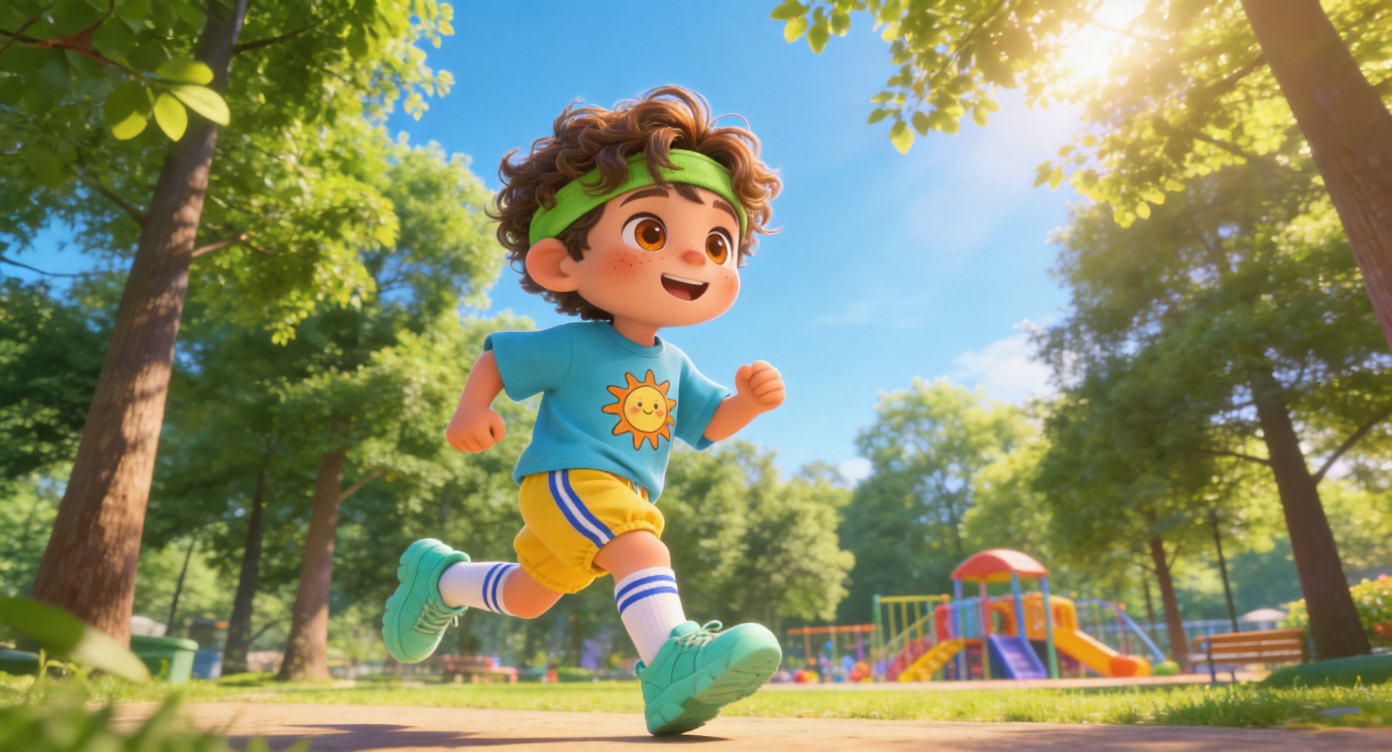 Wide shot. Leo (caramel curls with green headband, sky-blue t-shirt, yellow shorts) running happily into a sunlit park. The background features tall green trees, a sky-blue sky, and colorful playground equipment in the distance. Sunlight filters through the leaves. Highly detailed, 3D Pixar style. --ar 16:9