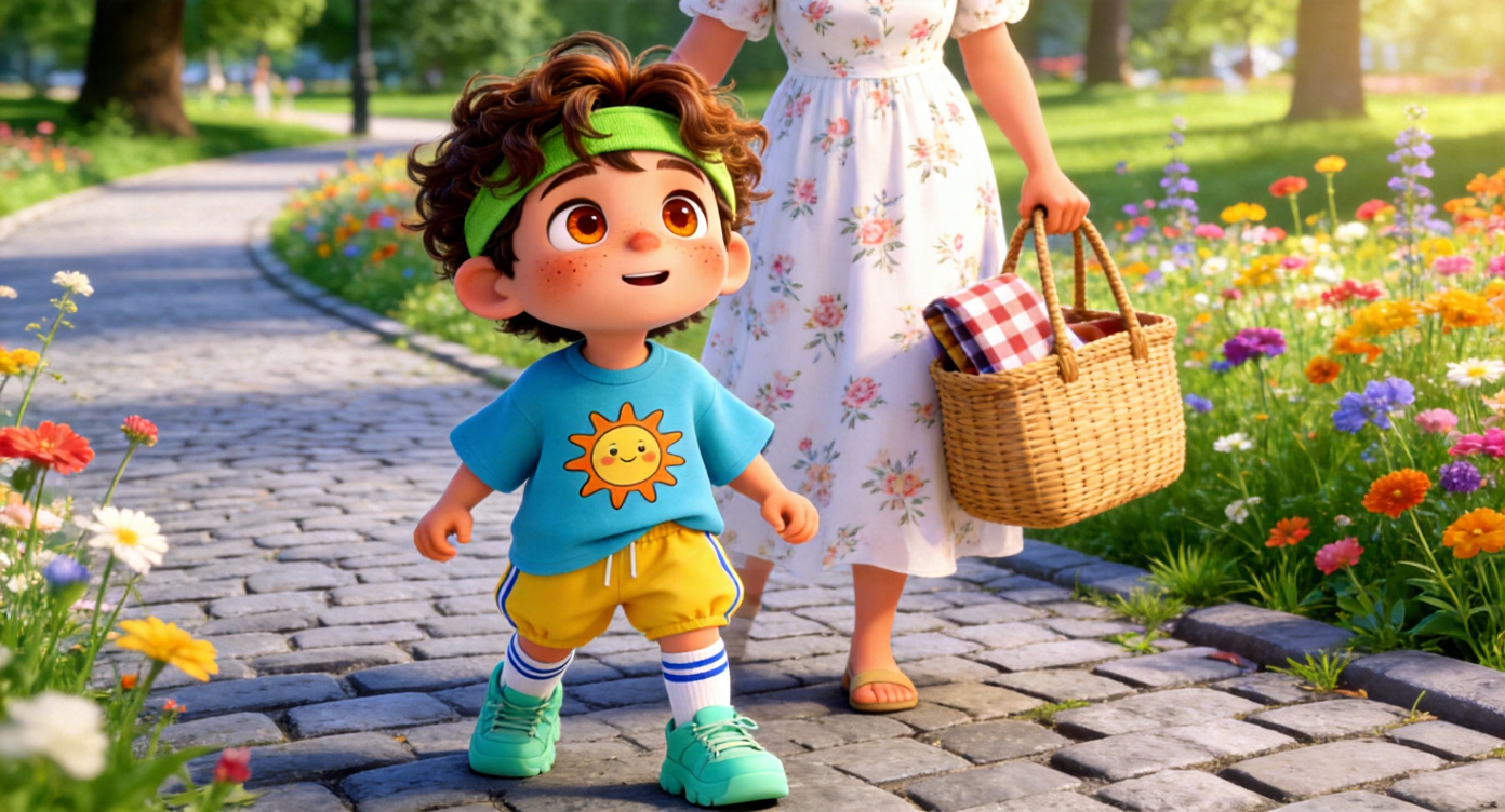 Medium shot. Leo stops and looks up, his big amber eyes sparkling with excitement. Behind him is his mom's arm (wearing a flowy white floral summer dress), holding a woven picnic tote bag with a checkered blanket poking out. The background is a grey cobblestone park path lined with brightly colored wild flowers under bright sunshine. Highly detailed, 3D Pixar style. --ar 16:9