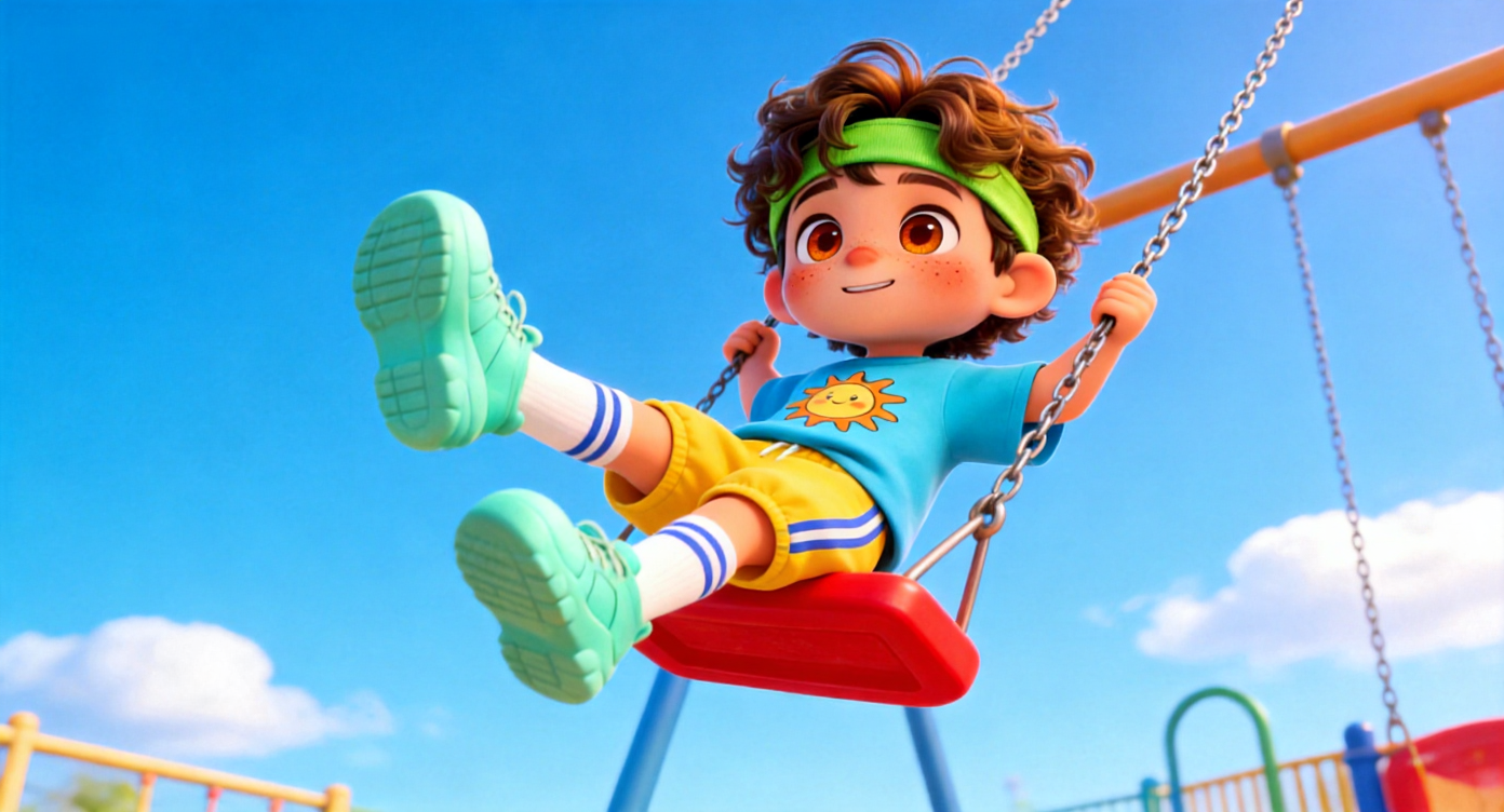 Wide shot. Swing area in the playground. Leo is swinging high on a red swing seat, his chunky mint-green sneakers kicking into the air. The background is an incredibly clear sky-blue sky with a few white clouds. Highly detailed, 3D Pixar style. --ar 16:9