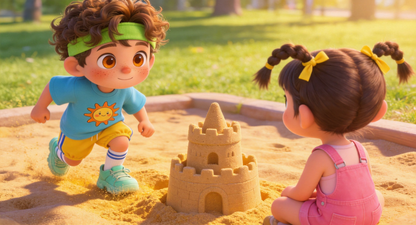 Close-up shot. Leo runs into the sandbox, crouching on the golden sand. Opposite him sits Lily (two small braided pigtails tied with yellow ribbons, pink overalls). A sandcastle is built between them. Sunny park grass in the background. Highly detailed, 3D Pixar style. --ar 16:9