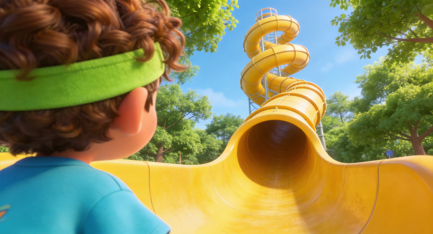 Over-the-shoulder shot. From Leo's perspective (sky-blue t-shirt shoulder). Towering ahead is a giant twisting yellow tube slide. In the little boy's view, it looks very tall and imposing. Green tree canopies in the background. Highly detailed, 3D Pixar style. --ar 16:9