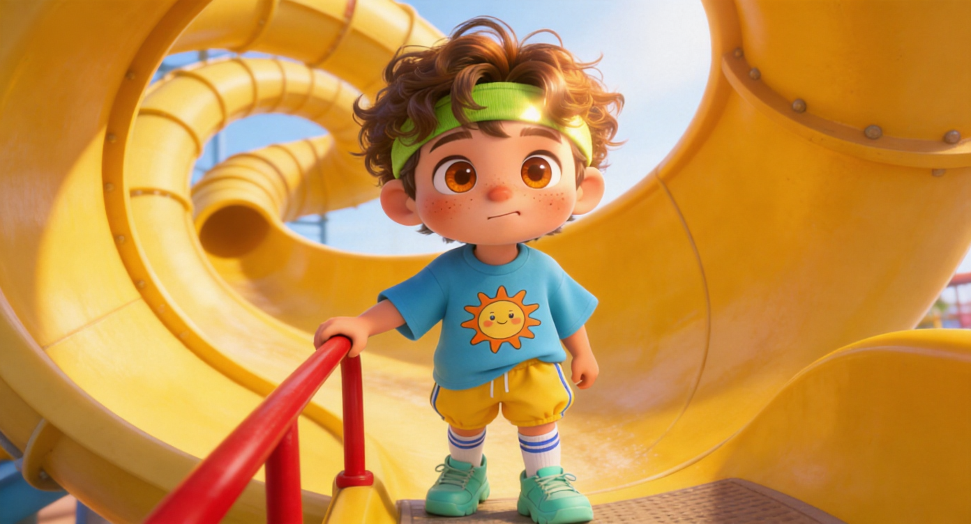 Medium shot. Leo standing at the bottom of the stairs of a giant twisting yellow tube slide. He grabs the red handrail with one hand, biting his lower lip, looking slightly hesitant and nervous. Sunlight shines on his face. Highly detailed, 3D Pixar style. --ar 16:9