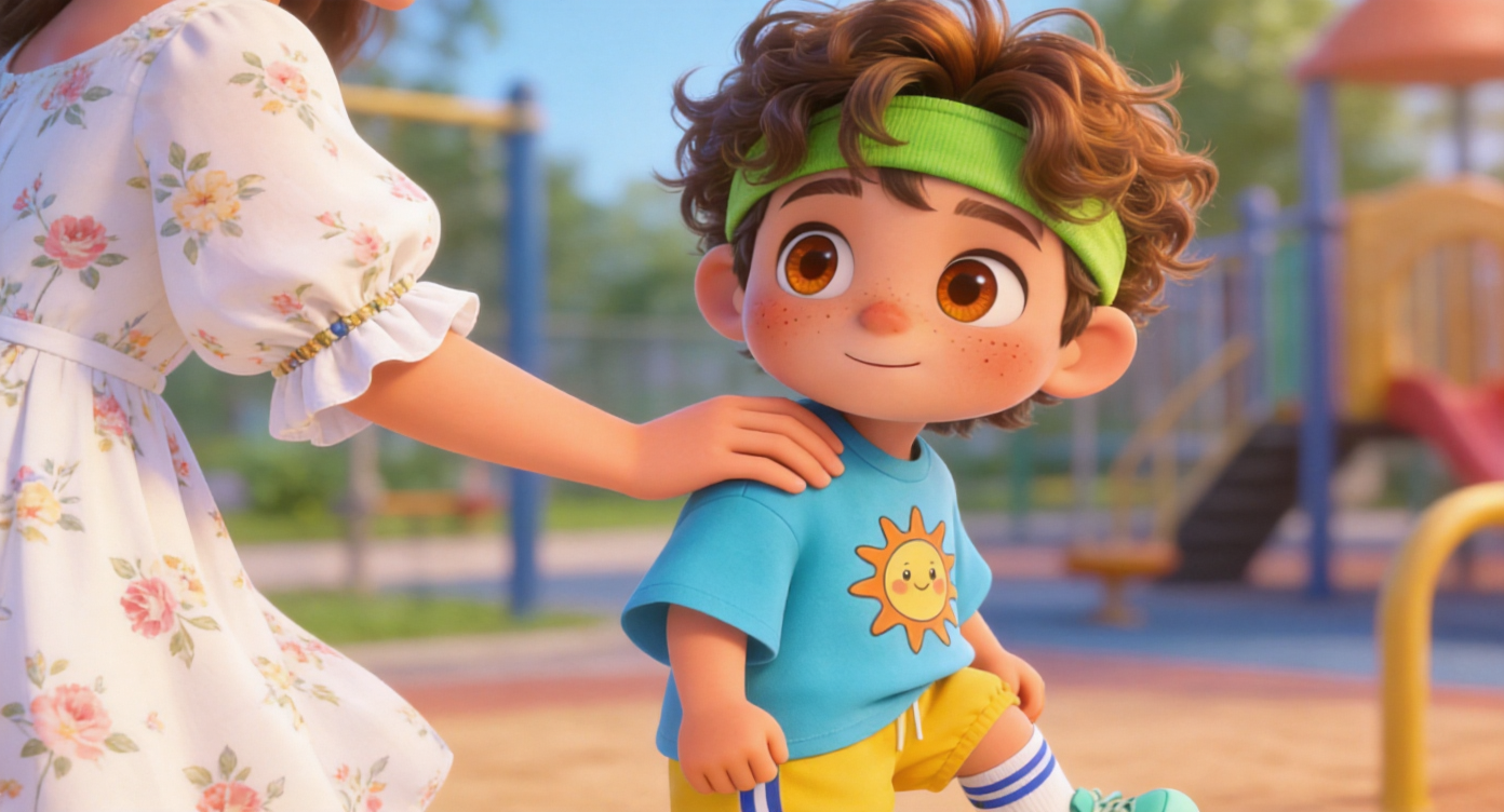 Close-up shot. A gentle hand (cuff of a flowy white floral summer dress) rests softly on Leo's shoulder. Leo turns his head, his nervous expression relaxing a bit. Blurred park playground equipment in the background. Highly detailed, 3D Pixar style. --ar 16:9
