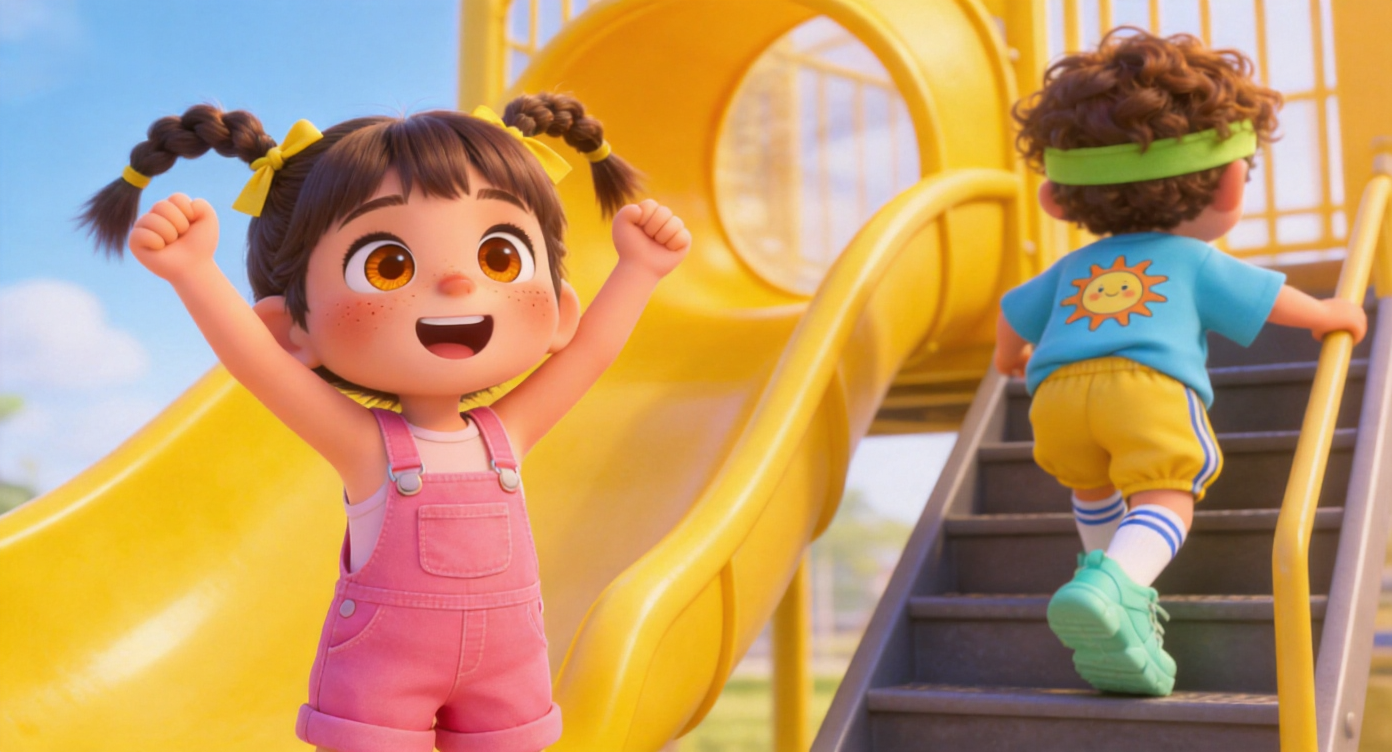 Medium shot. Lily (two small braided pigtails tied with yellow ribbons, pink overalls) standing next to the slide, happily raising both hands, cheering loudly for Leo who is climbing the stairs. Bright yellow slide exterior in the background. Highly detailed, 3D Pixar style. --ar 16:9