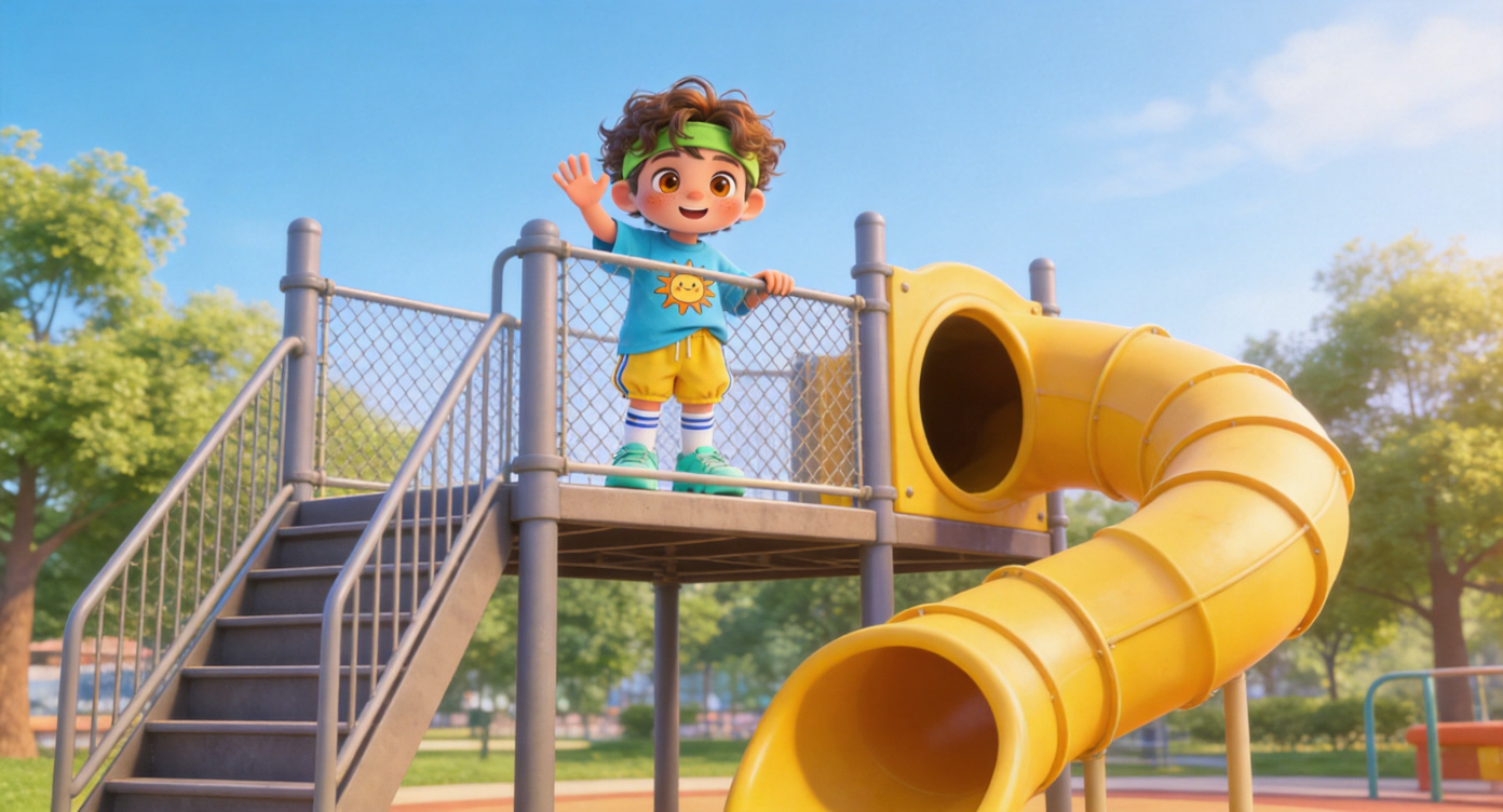 Wide shot. Leo standing safely on a moderately high playground top platform. The platform is completely enclosed by sturdy safety fences/railings. On one side of the platform are the stairs he just climbed, and the other side connects to the entrance of a giant twisting yellow tube slide. Leo is holding the safety fence with one hand, waving down happily. Child-safe moderate height. Bright park trees in the background. Highly detailed, 3D Pixar style. --ar 16:9