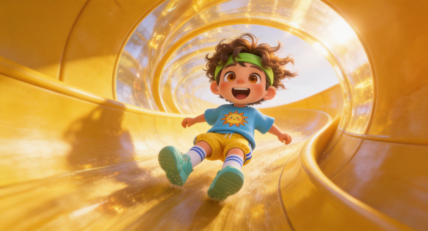 Point-of-view tracking shot. Leo sliding rapidly down inside a giant twisting yellow tube slide! The inside of the slide is filled with translucent golden sunlight. Leo's hair flies back, his mouth wide open in a happy cheer. Highly detailed, 3D Pixar style. --ar 16:9