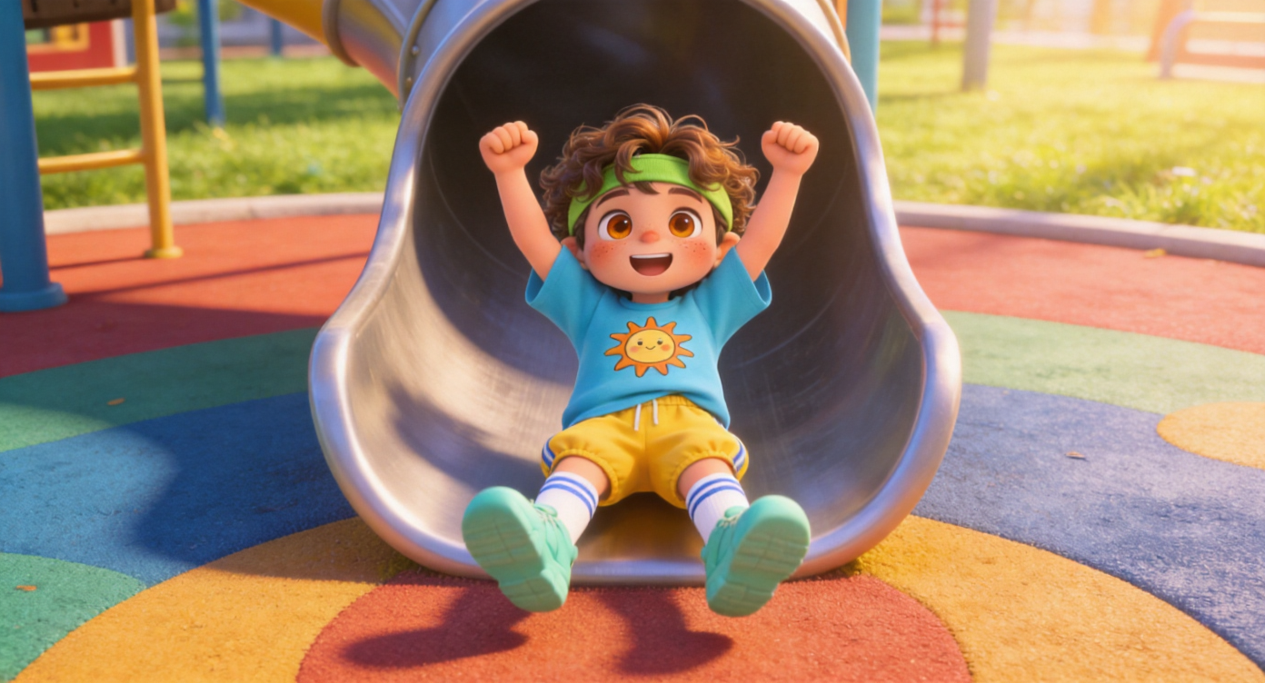 Wide shot. Leo zooms out of the end of the slide, landing safely on the soft, colorful rubber safety playground flooring at the bottom. He raises both arms high in celebration. Sunlit playground grass in the background. Highly detailed, 3D Pixar style. --ar 16:9