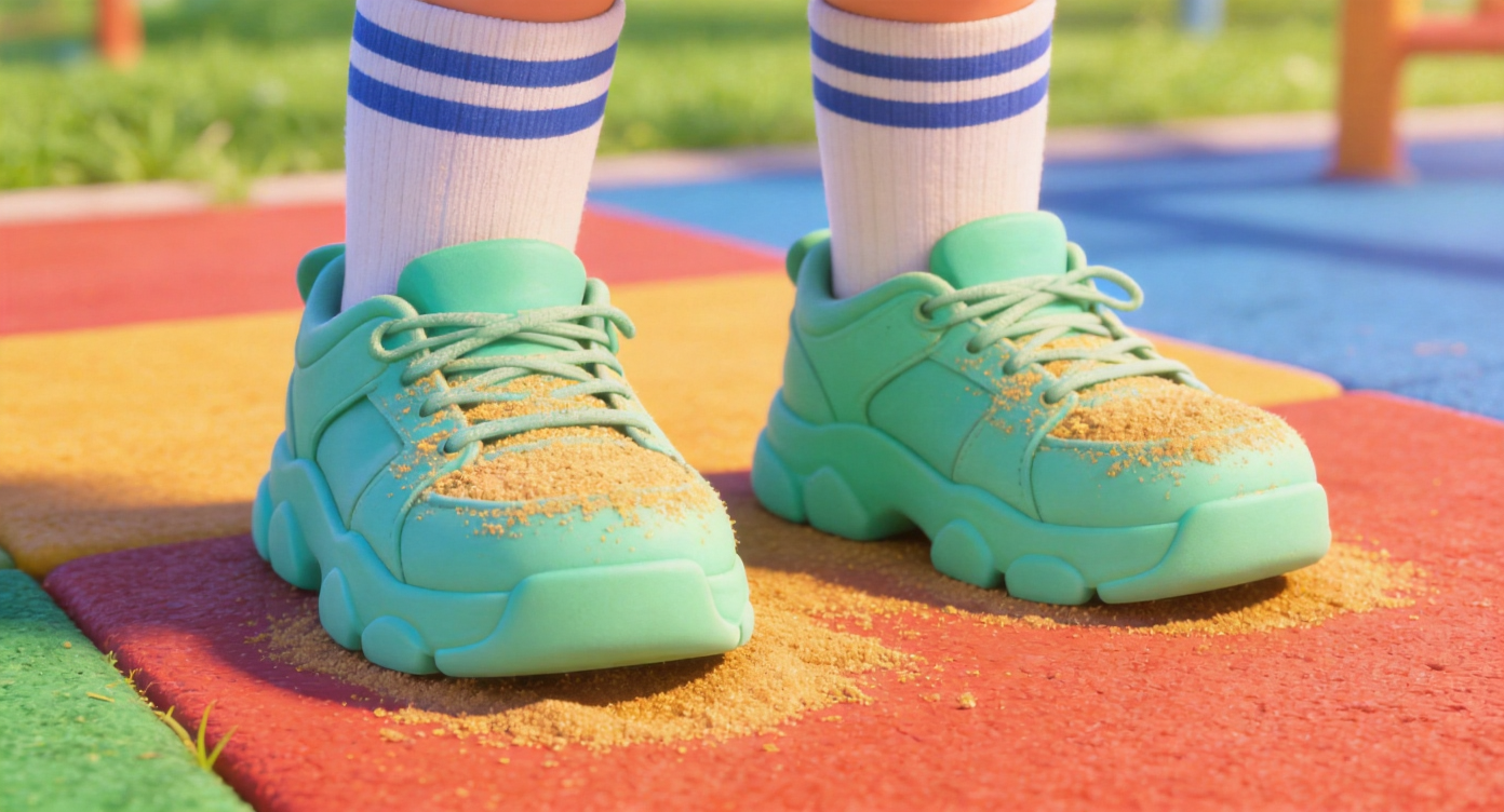 Close-up shot. A pair of chunky mint-green sneakers standing on a brightly colored rubber playground mat, with a few grains of golden sand on the shoe surface. His signature blue-striped white socks are visible above. The background is softly blurred, showing the green light and shadow of the playground grass. Highly detailed, 3D Pixar style. --ar 16:9