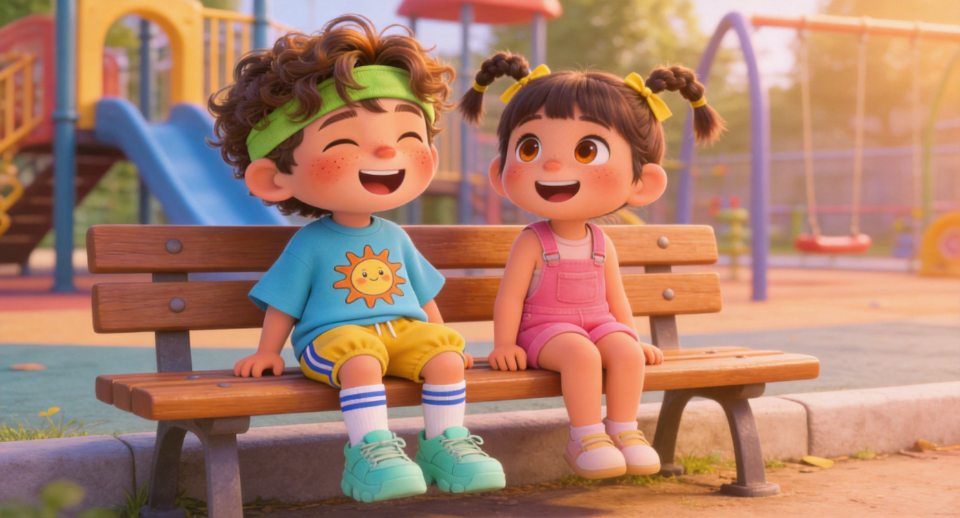 Medium shot. Leo and Lily (two small braided pigtails tied with yellow ribbons, pink overalls) sitting side by side on a wooden bench at the edge of the playground. Both are laughing happily, with rosy flushed cheeks from playing. Warm and soft lighting. Highly detailed, 3D Pixar style. --ar 16:9