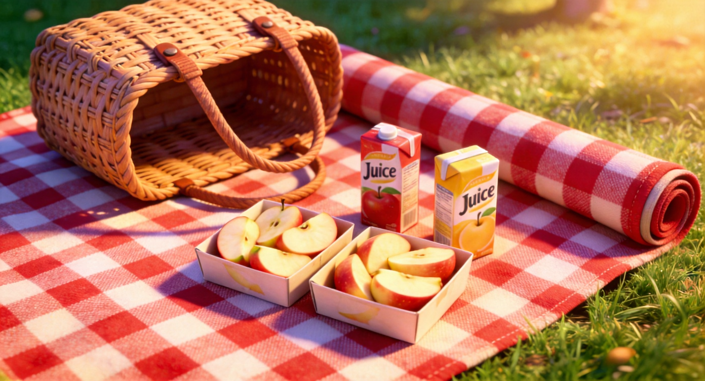 Close-up shot. On an unrolled red and white checkered picnic blanket on the grass, there is an empty woven picnic tote bag. In the center of the blanket are two boxes of freshly cut apple slices and two juice boxes. Sunlight falls on the blanket. Highly detailed, 3D Pixar style. --ar 16:9