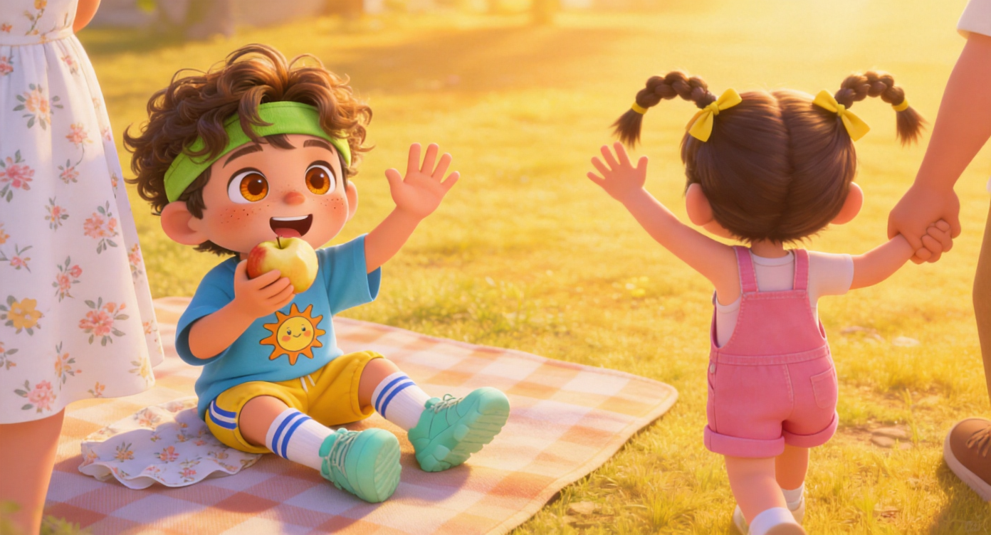 Wide shot. Leo sitting on the checkered blanket, eating an apple with one hand, turning around and waving happily at Lily with his other hand. Next to him is his mom's white floral dress hem. In the distance, Lily (two small braided pigtails) is holding her family's hand leaving, looking back and waving at Leo. Golden sunlight. Highly detailed, 3D Pixar style. --ar 16:9