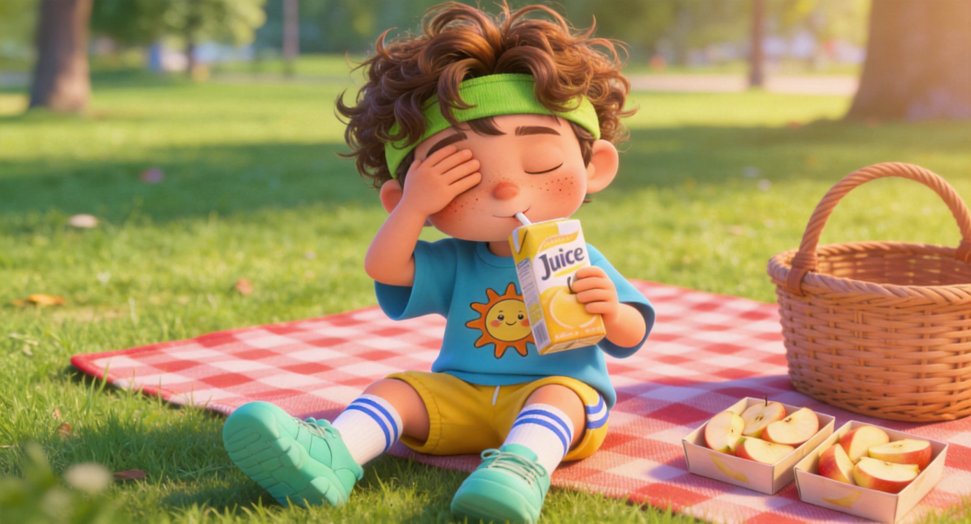 Medium shot. Leo sitting on the ground, drinking juice while rubbing his eyes with his hand. His fluffy curls look messier, showing a satisfied but extremely sleepy expression. Soft park grass in the background. Highly detailed, 3D Pixar style. --ar 16:9