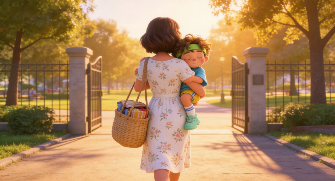 Wide shot. Mom (wearing a white floral dress, face unseen) carrying the sleeping Leo in her arms, with the packed woven picnic tote bag hanging from her shoulder, walking towards the park exit. Leo's head rests quietly on her shoulder. Golden afternoon backlight, trees casting long shadows. Highly detailed, 3D Pixar style. --ar 16:9