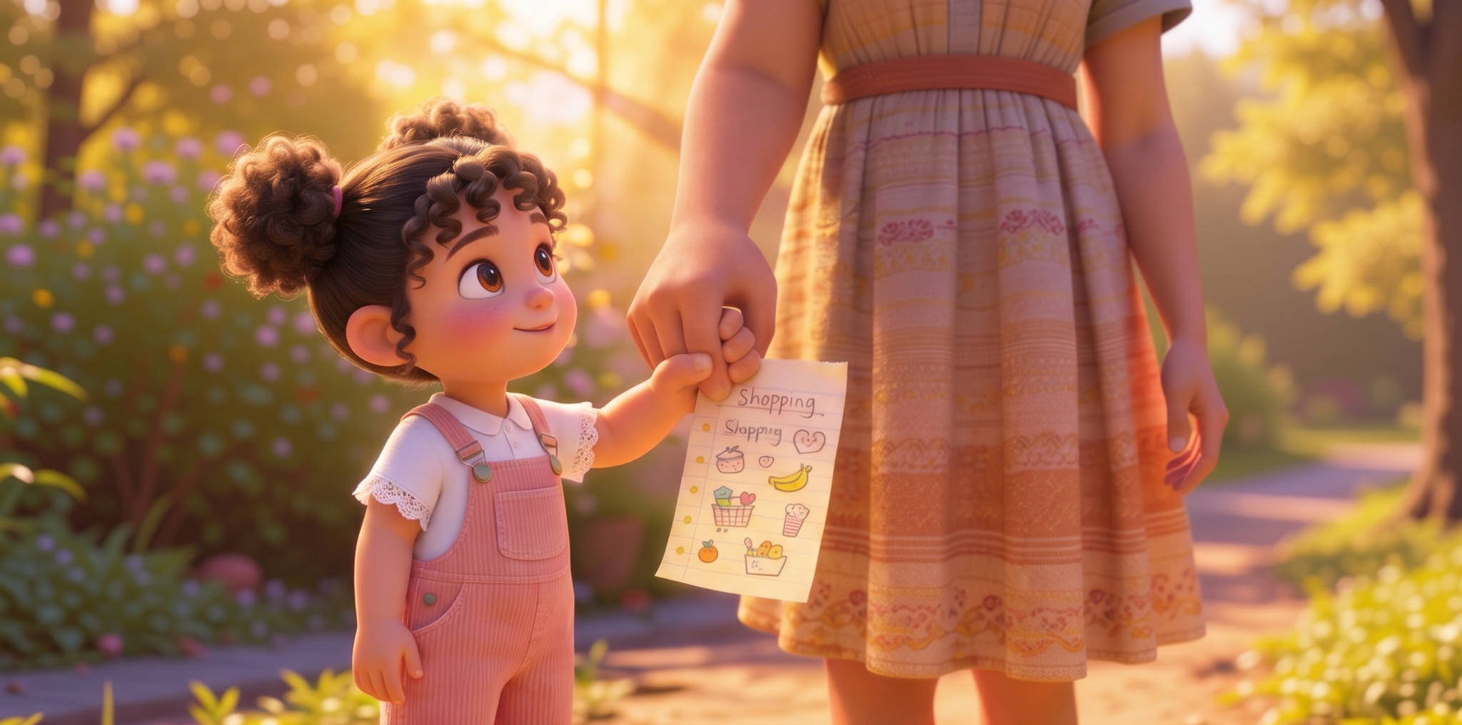 Close-up shot. A chubby little hand holds a handwritten shopping list covered in cute doodles. The background is a blurred image of the mother's skirt. A 3D Pixar-style design, creating a soothing atmosphere. --ar 16:9