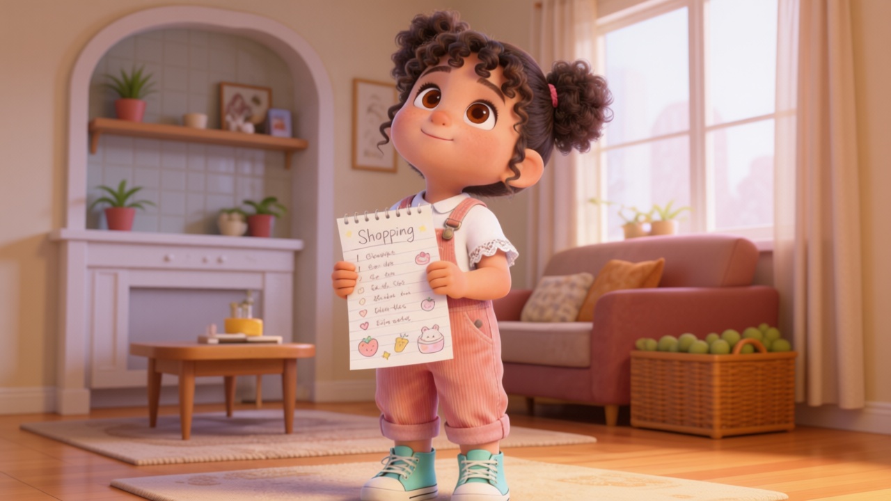 Medium shot. Mia (with her hair in double buns, wearing peach-pink overalls and a white lace blouse) tilts her head back, her bright brown eyes gazing expectantly out of the frame. She clutches a handwritten shopping list adorned with cute doodles. The background is a cozy, inviting home. 3D Pixar style. --ar 16:9