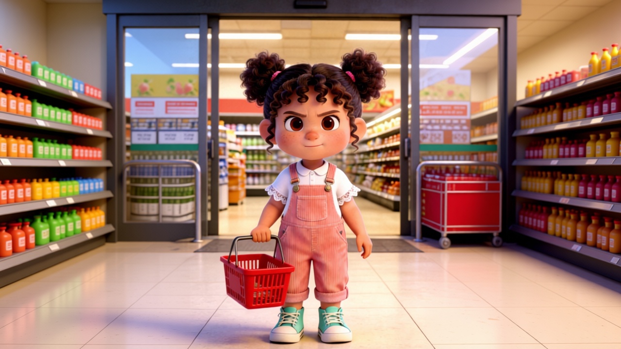 Wide shot. The entrance of a quiet, uncluttered supermarket, soft market lighting. Mia is carrying a mini red shopping basket just the right size for her, looking serious and proud. Avoid crowds. 3D Pixar style. --ar 16:9