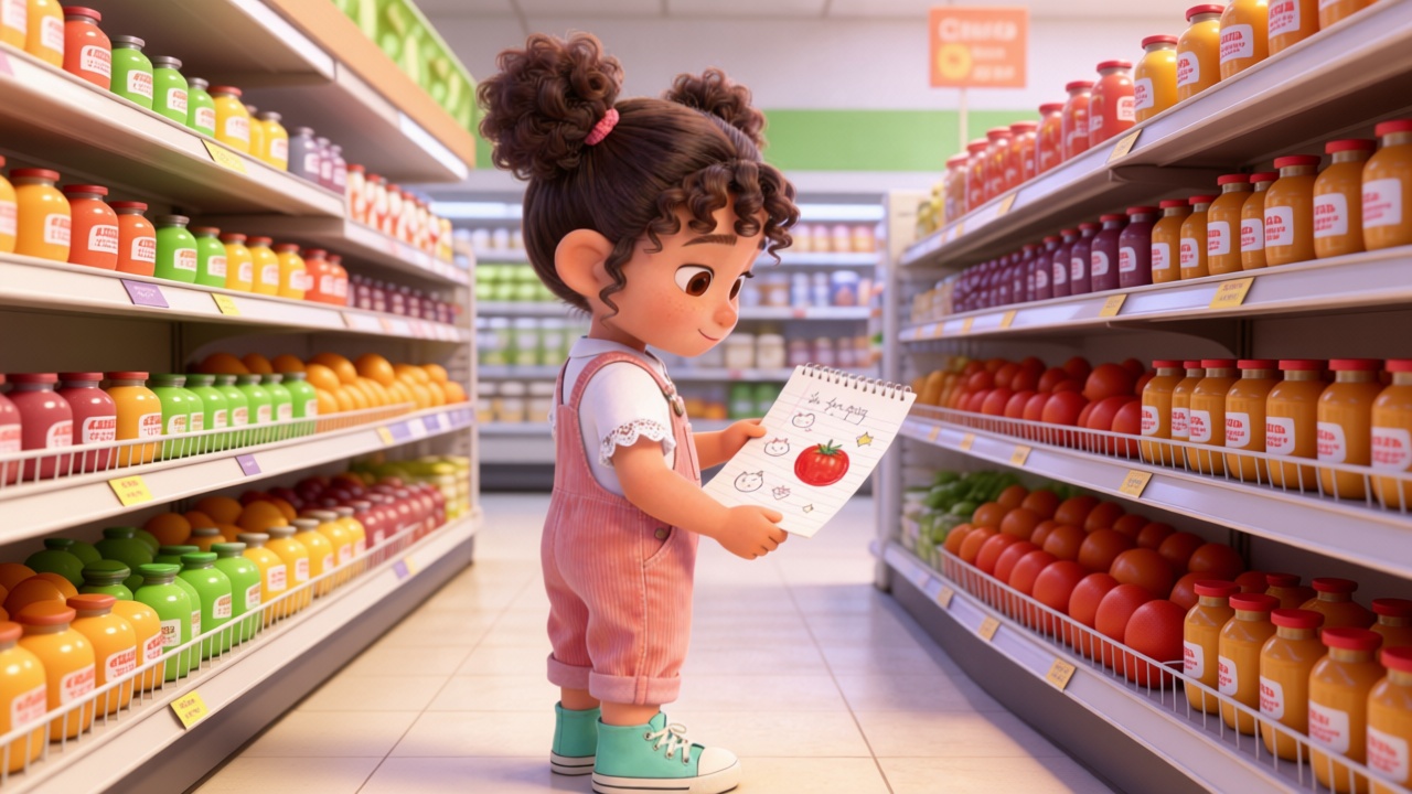 Over-the-shoulder shot. Mia looked down at the handwritten shopping list in her hand, decorated with cute doodles. A red circle (representing a tomato) was drawn on the list. The supermarket background was clean and tidy, with soft colors.3D Pixar style. --ar 16:9