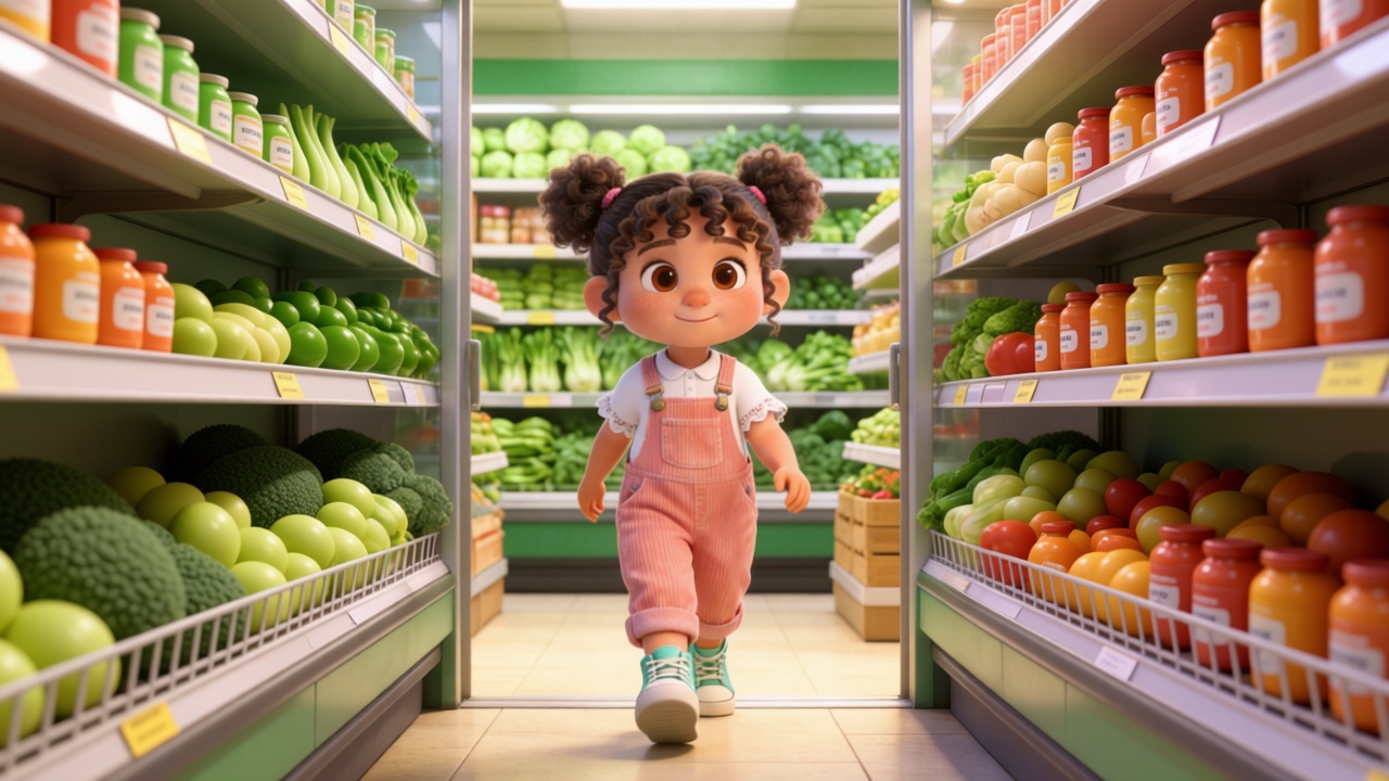 Wide shot. Mia walking into the produce section. It is filled with fresh greens from vegetables. Bright, clean lighting, neatly arranged shelves, completely empty of other people. Highly detailed, 3D Pixar style. --ar 16:9
