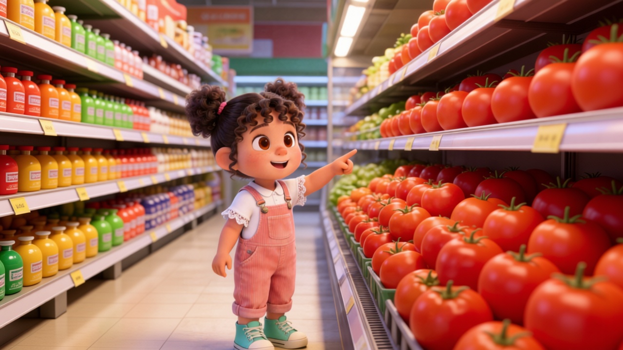 Medium shot. In the supermarket aisle, Mia's eyes lit up, and she happily pointed ahead with a little finger. Before her stood rows of bright, perfect tomatoes.3D Pixar style. --ar 16:9
