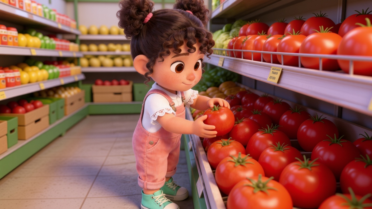 Close-up shot. Mia standing on tiptoes showing mint green canvas shoes, her chubby little hands carefully picking the roundest, reddest tomato from the shelf. Highly detailed, 3D Pixar style. --ar 16:9