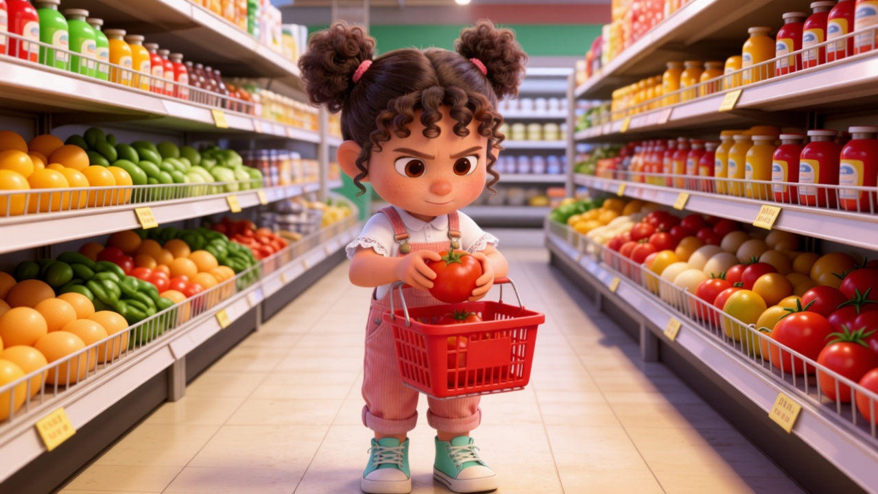 Medium shot. In the supermarket aisle,Mia holding the red tomato with both hands like a treasure, gently placing it into her mini red shopping basket. Her expression is very serious and careful. 3D Pixar style. --ar 16:9