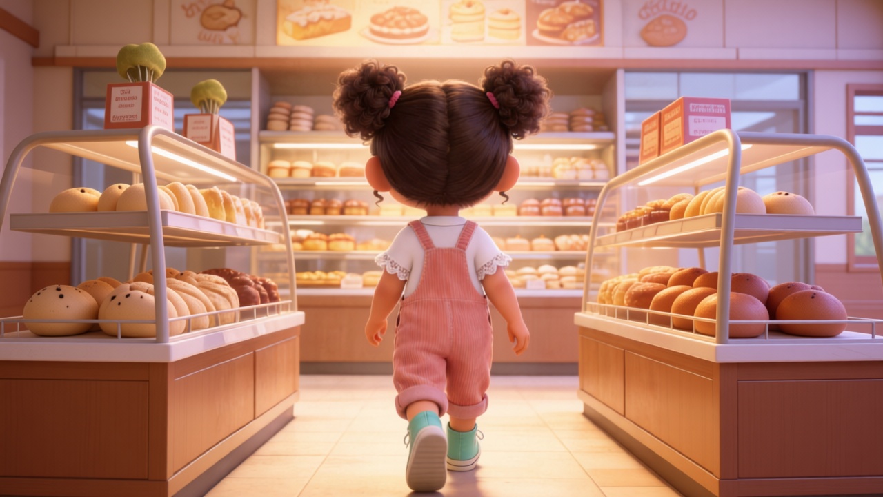 Wide shot. Mia walking towards the bakery section. The color palette shifts to warm, soft cream tones and light browns, glowing with a comforting halo. Highly detailed, 3D Pixar style. --ar 16:9