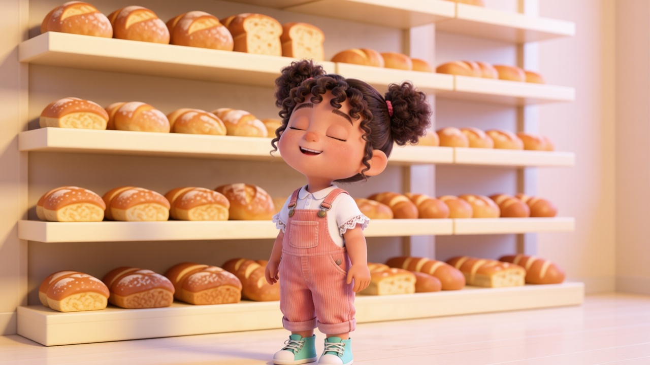 Close-up shot. Mia with her eyes closed, taking a deep breath, showing an intoxicated and blissful smile on her face. Blurred cream-colored bread shelves in the background. 3D Pixar style. --ar 16:9