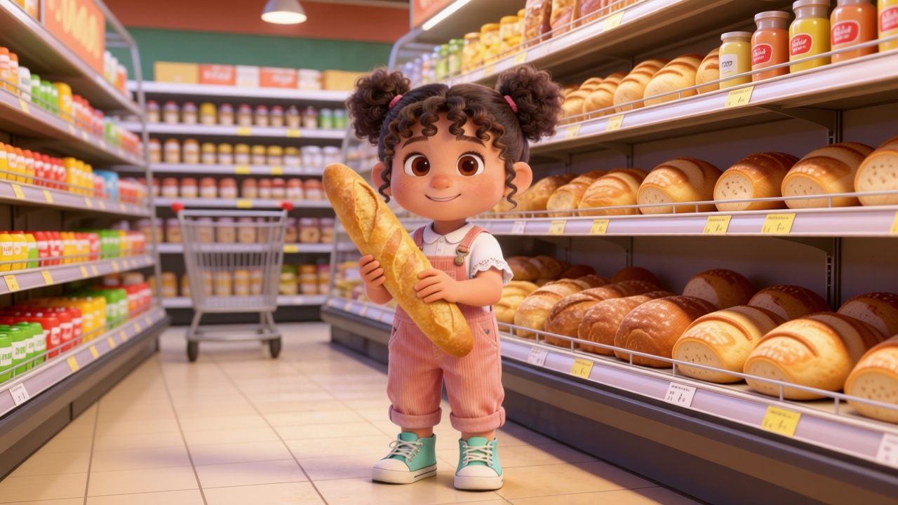 Medium shot. In the supermarket's bakery section, Mia held a golden baguette in both hands. She smiled proudly at the camera.3D Pixar style. --ar 16:9