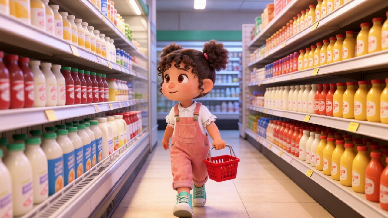 Wide shot. A quiet dairy aisle hallway. Mia walking in front carrying her mini red basket, keeping her eyes wide open searching for the next target. 3D Pixar style. --ar 16:9