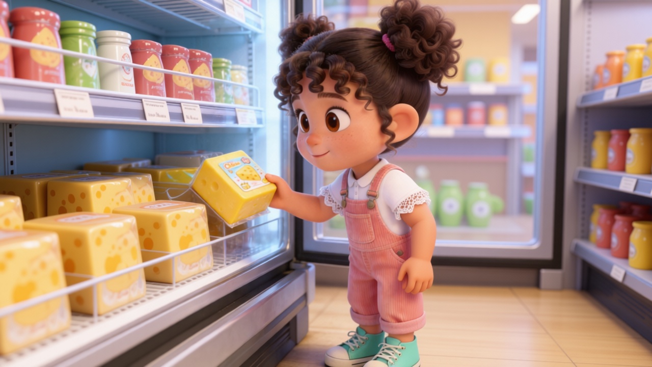 Close-up shot. Mia's hand taking a bright yellow, square block of cheese with cute packaging out of the refrigerated display case. Highly detailed, 3D Pixar style. --ar 16:9