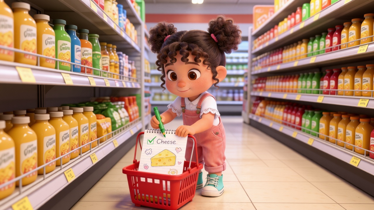 Medium shot. In the supermarket aisle, Mia placed her handwritten shopping list, adorned with cute doodles, on her mini red shopping basket. Holding a green crayon, she carefully drew a big checkmark next to the cheese item on the list. 3D Pixar style. --ar 16:9