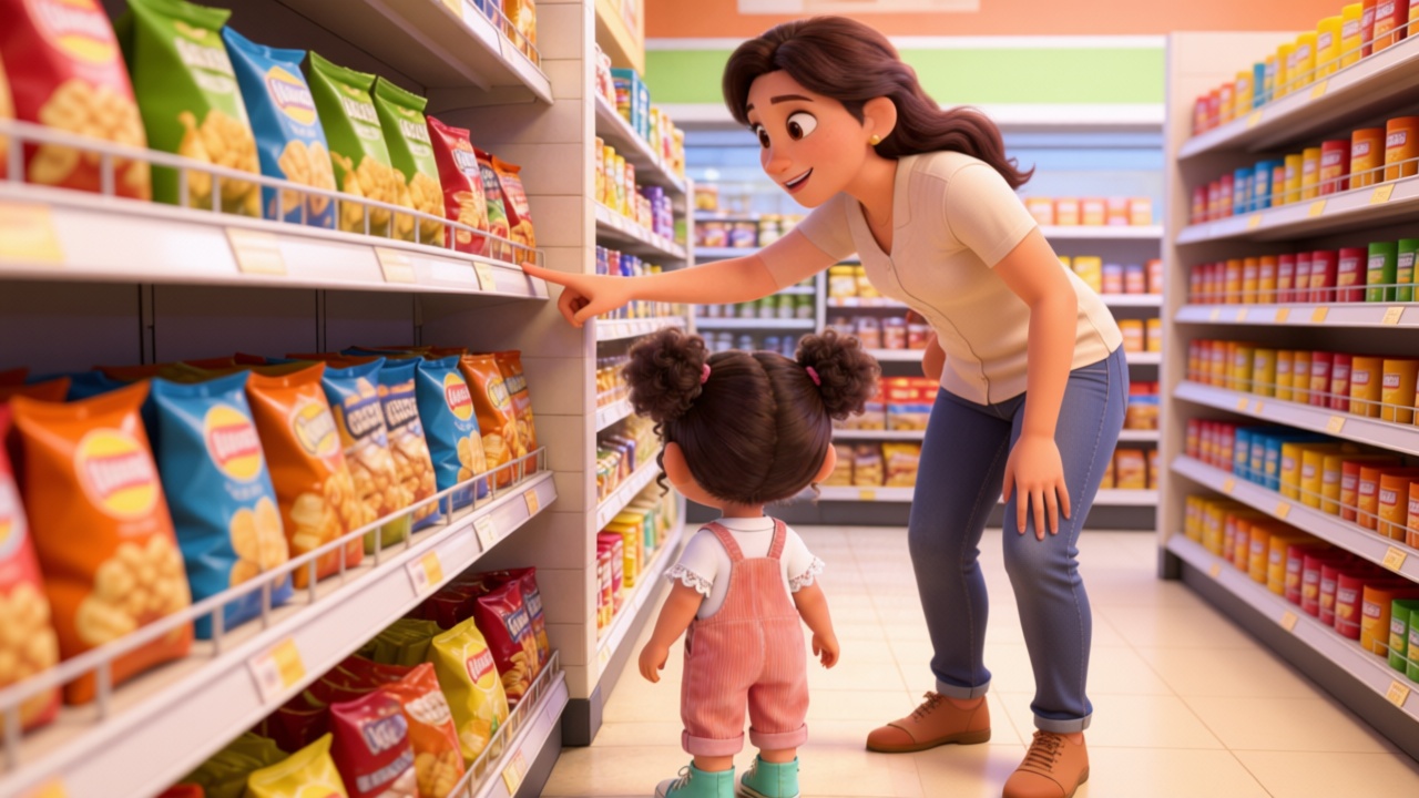Over-the-shoulder shot. From Mia's perspective, a mother's gentle hand pointing to a corner in the snack aisle. Bright and warm lighting. Highly detailed, 3D Pixar style. --ar 16:9