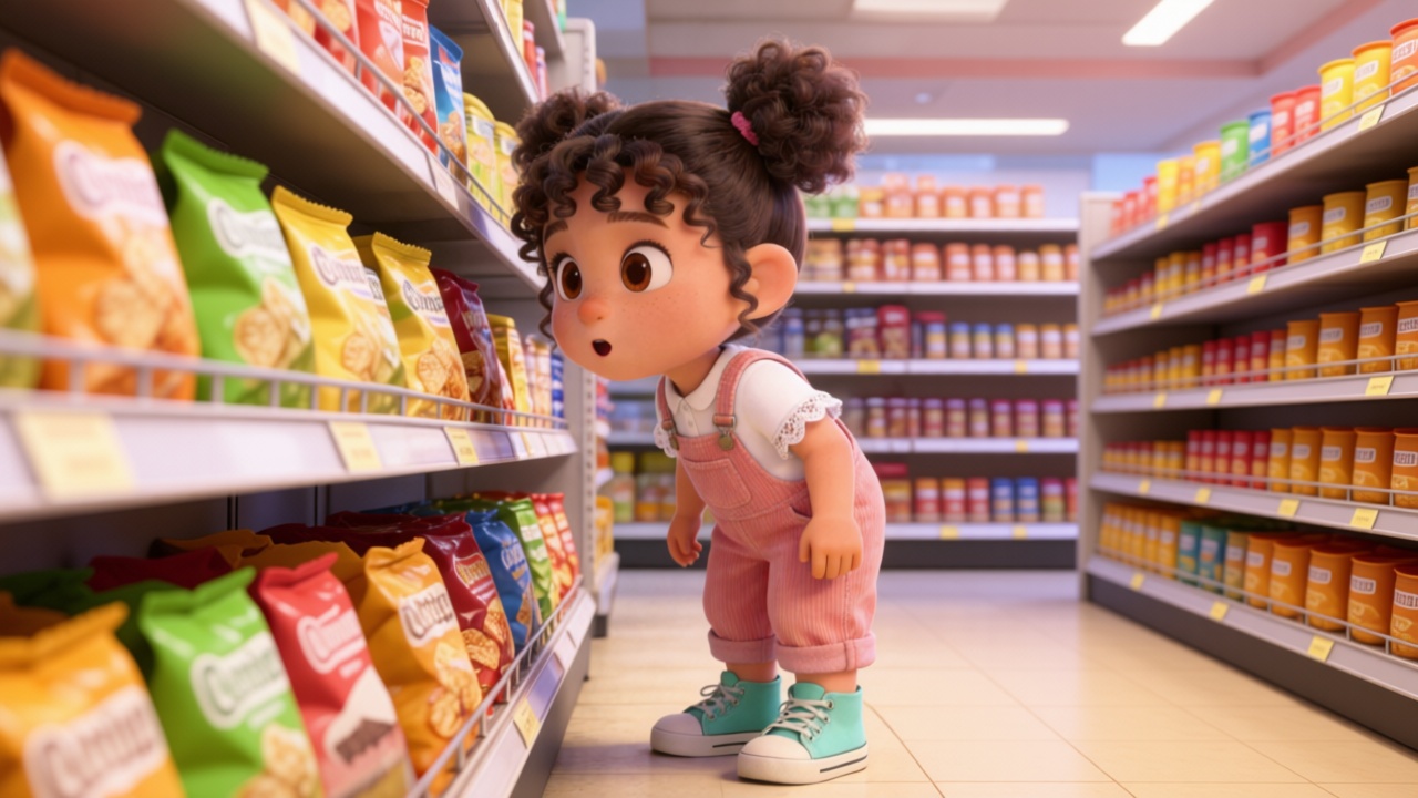 Close-up shot. Mia stared intently at the snacks in the supermarket. Her eyes lit up instantly, and her mouth opened in surprise, forming a small "O" shape.3D Pixar style. --ar 16:9