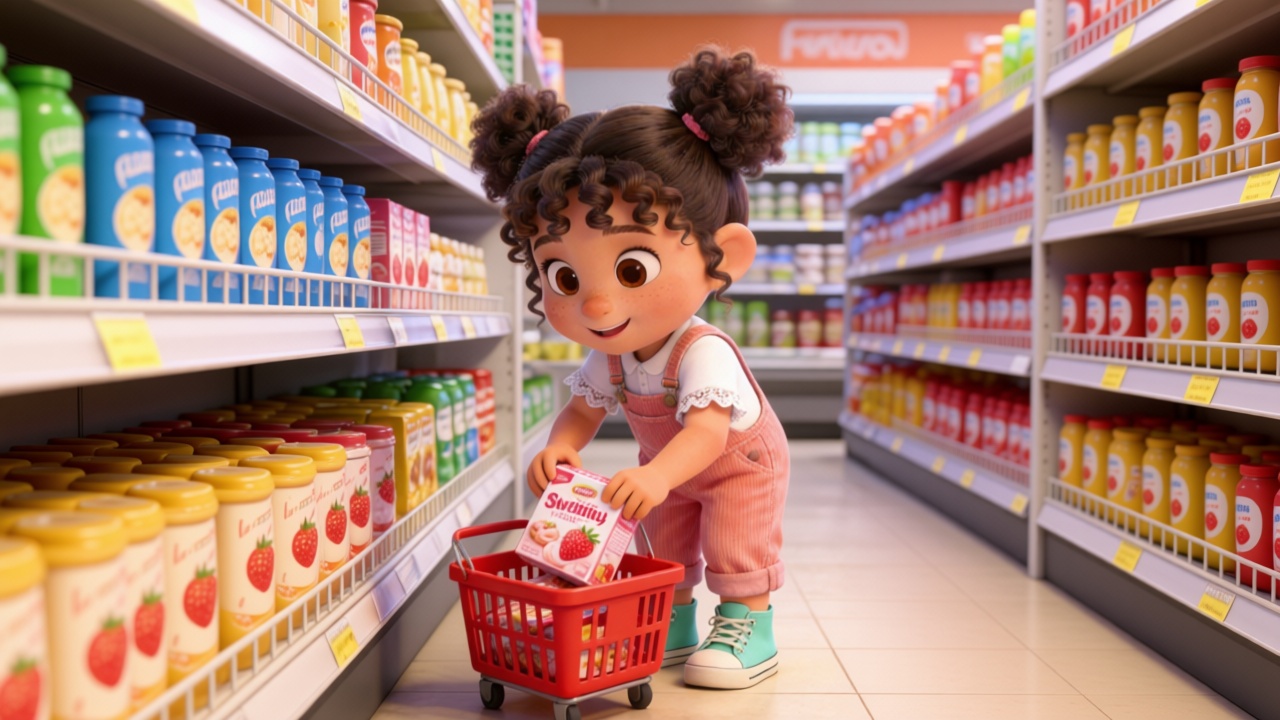 Medium shot. In the supermarket, Mia happily placed a box of strawberry yogurt snacks into her already overflowing mini red shopping basket, 3D Pixar style. --ar 16:9