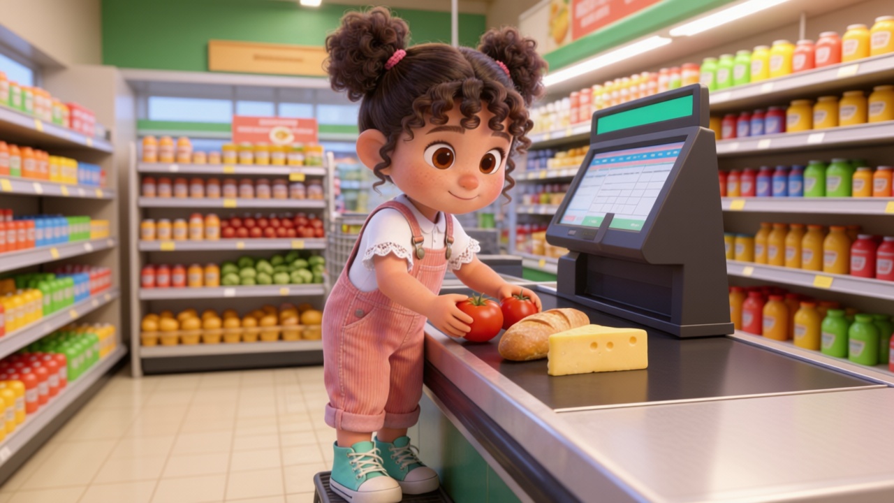 Medium shot. At the supermarket checkout counter, Mia was standing on tiptoe, carefully placing the tomatoes, bread, and cheese one by one onto the counter, 3D Pixar style. --ar 16:9