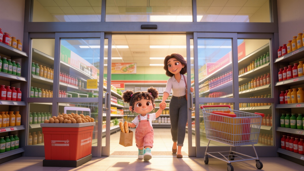 Wide shot. Mia stepped out of the supermarket's glass doors. Holding her mother's hand in one hand, she proudly carried a small brown paper bag containing baguettes in the other. The sun was shining brightly.3D Pixar style. --ar 16:9