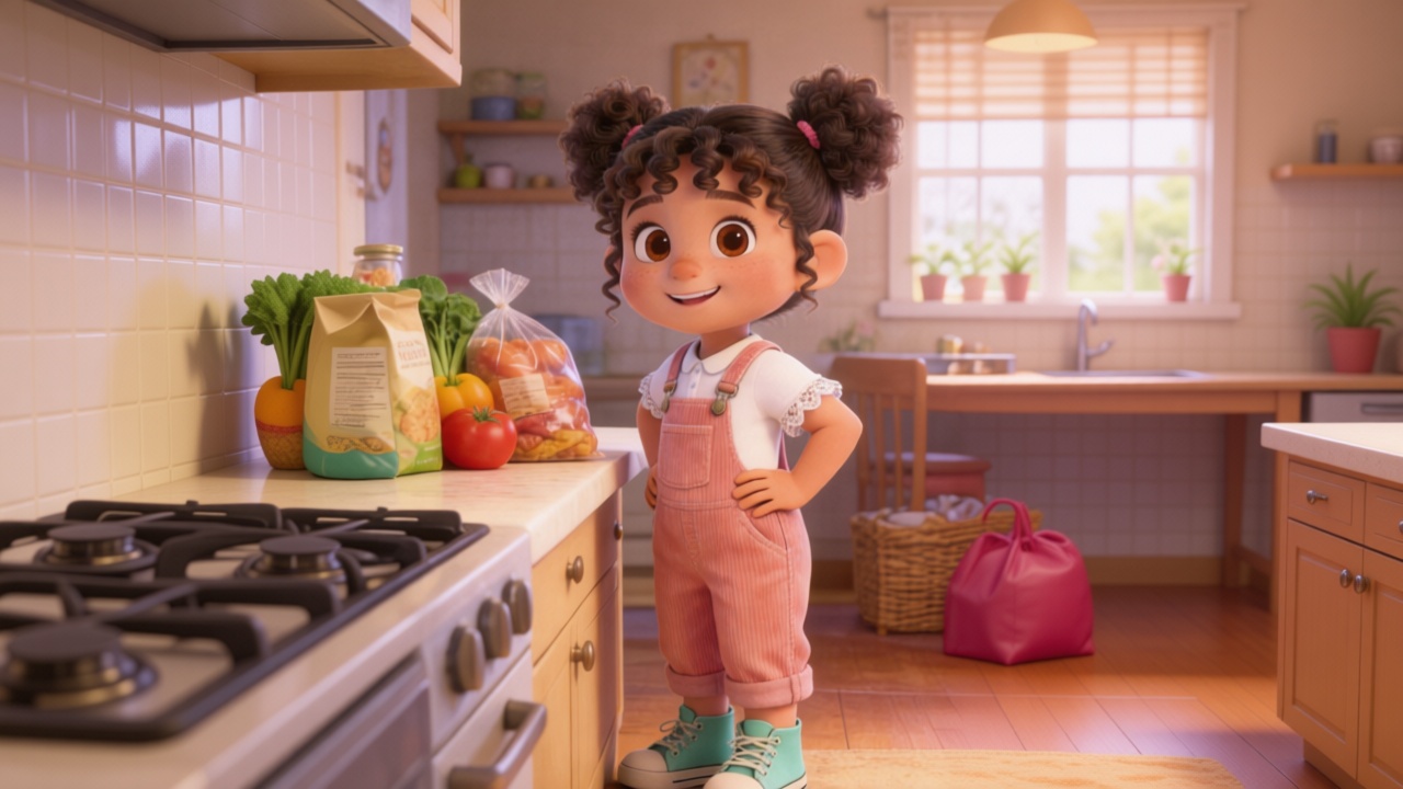 Medium shot. (Before fading out) Mia standing by the cozy kitchen counter at home, looking at the bought groceries, hands on hips, flashing a bright, proud smile at the camera. 3D Pixar style, masterpiece. --ar 16:9