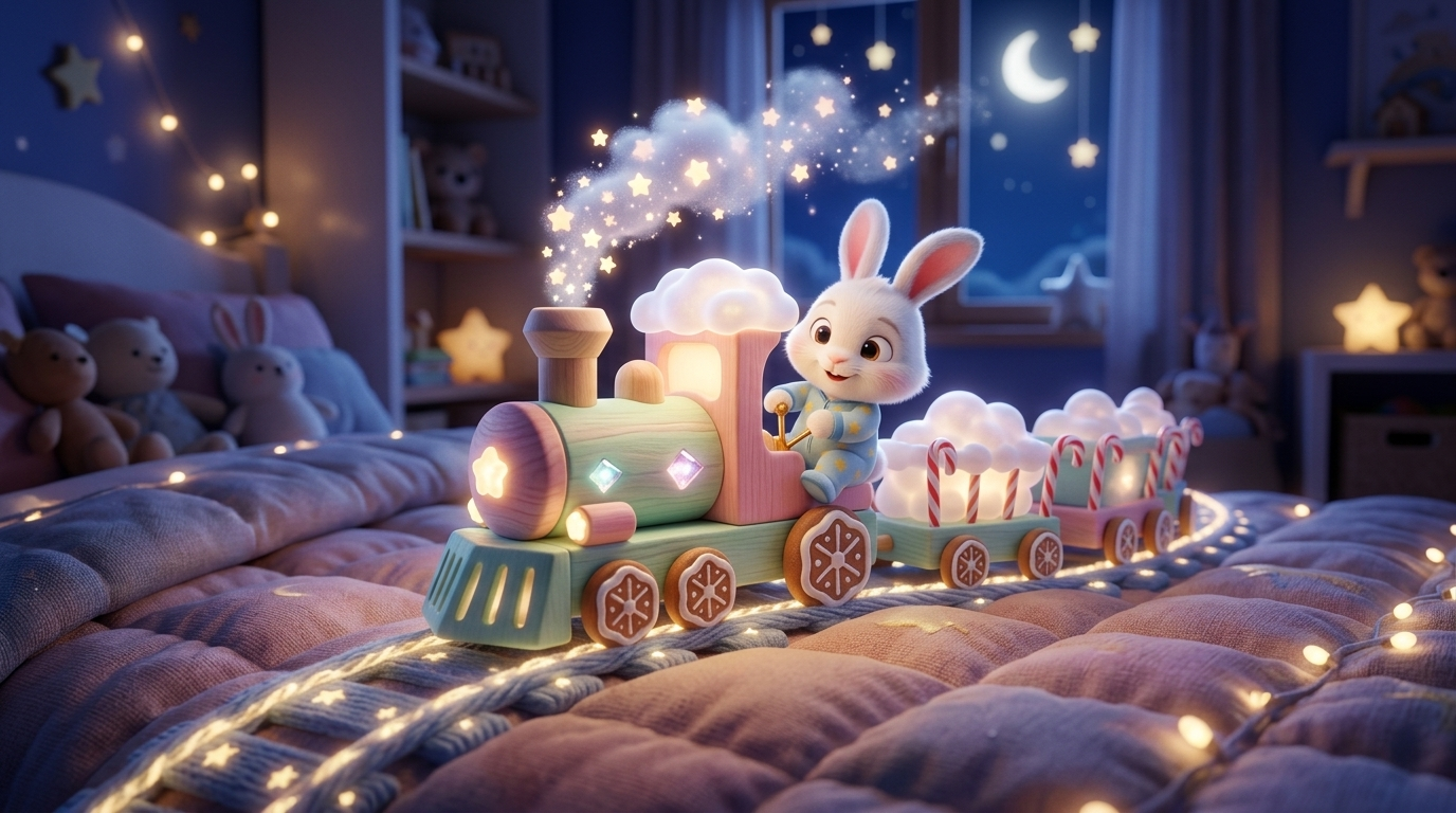 Wide shot. A magical miniature steam train made of pastel-colored wood and glowing clouds chugs onto the blanket tracks. It emits star-shaped steam. Cinematic lighting. --ar 16:9 夜晚场景