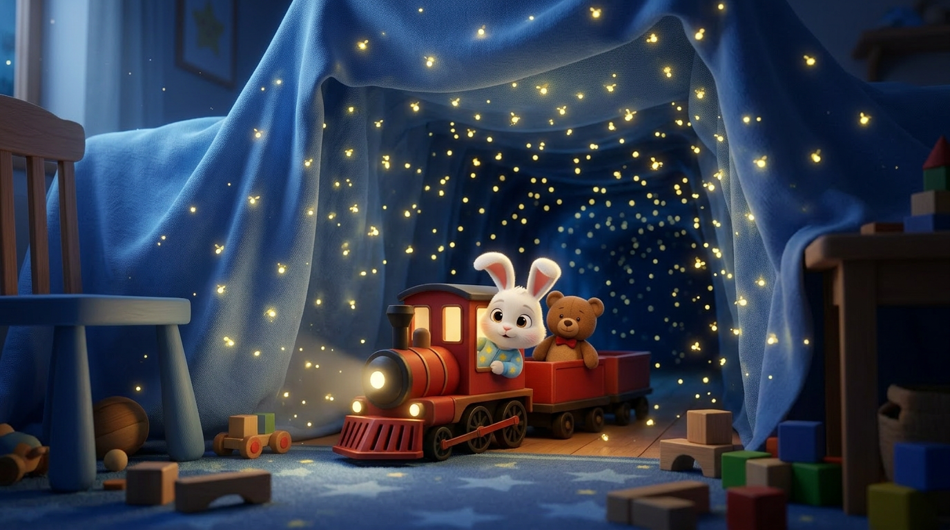 Interior shot. The train enters a dark tunnel made of blue sheets, illuminated by hundreds of tiny, glowing yellow fireflies. Magical, sparkling atmosphere. 3D style. --ar 16:9