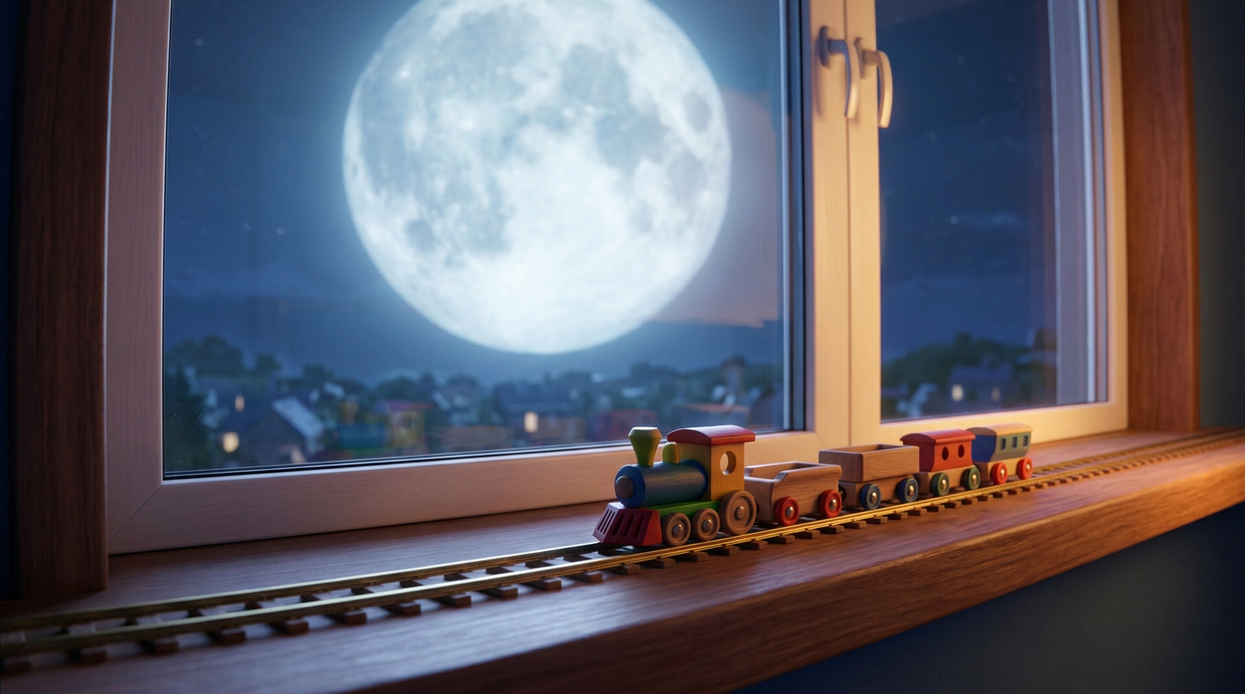 Wide shot. The train moves across the windowsill. A giant, full moon shines through the glass. --ar 16:9 没有角色出现