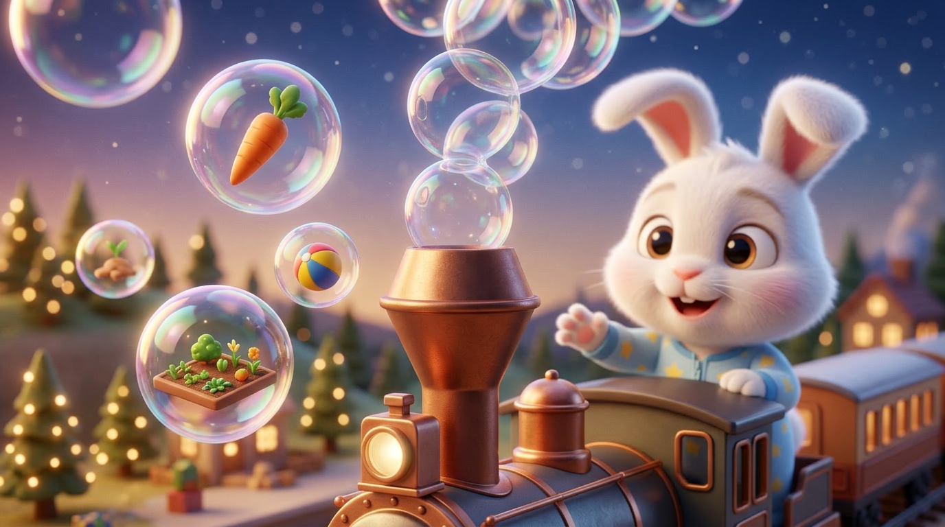 Close-up shot. The train's chimney blows out translucent, iridescent bubbles. Inside each bubble is a tiny dream image: a carrot, a ball, a garden. 3D Pixar style. --ar 16:9
