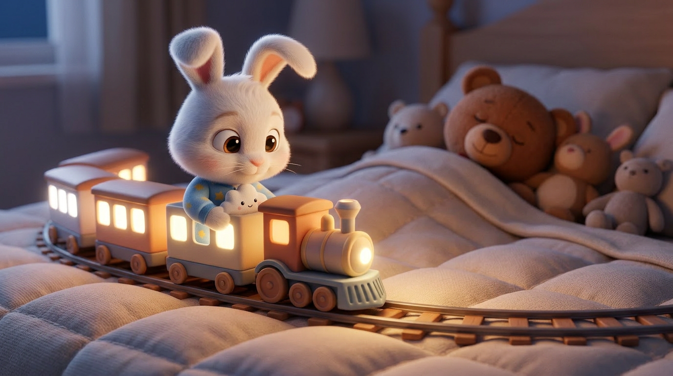 Tracking shot. The little train slows down as it nears the center of the bed. The glowing lights on the carriages fade into a soft, warm amber pulse. --ar 16:9