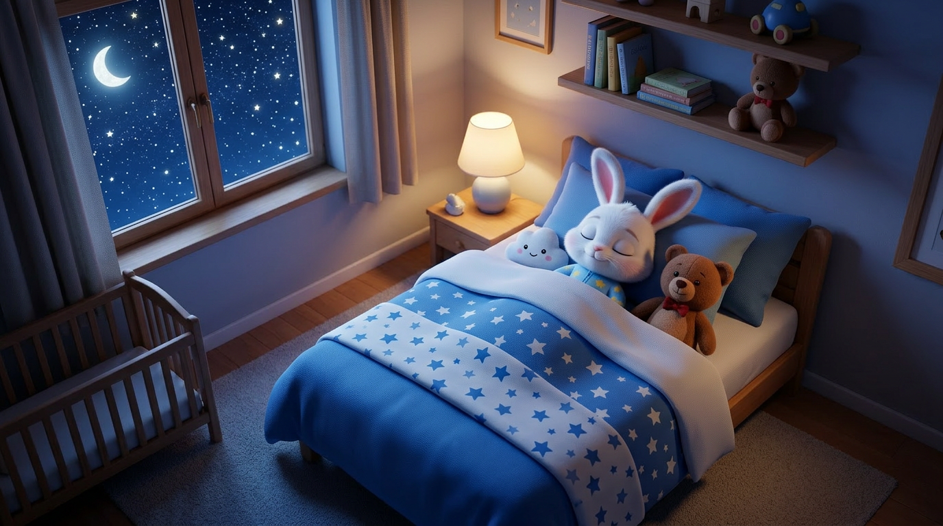 Wide shot. The cozy bedroom is still. Stars twinkle outside the window. The bed is a peaceful island of white and blue. Cinematic, calm, 3D animation style. --ar 16:9