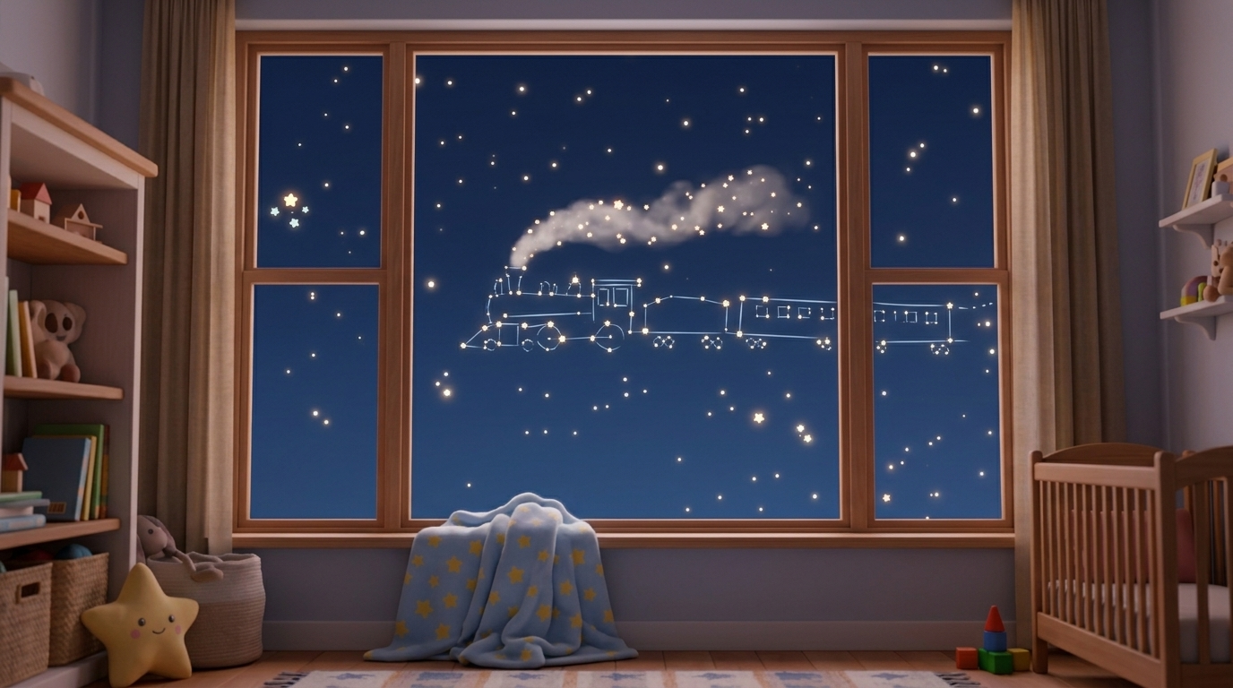 Extreme long shot. Looking at the night sky through the window. The stars slowly align to form the faint silhouette of a steam train moving across the galaxy. --ar 16:9 Oliver没出现