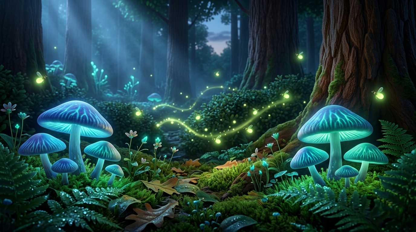 Low angle shot. The forest floor as darkness falls. Bioluminescent mushrooms and flowers start to glow with a soft blue and teal light. Fireflies begin to emerge from the bushes. --ar 16:9 没有角色人物出现