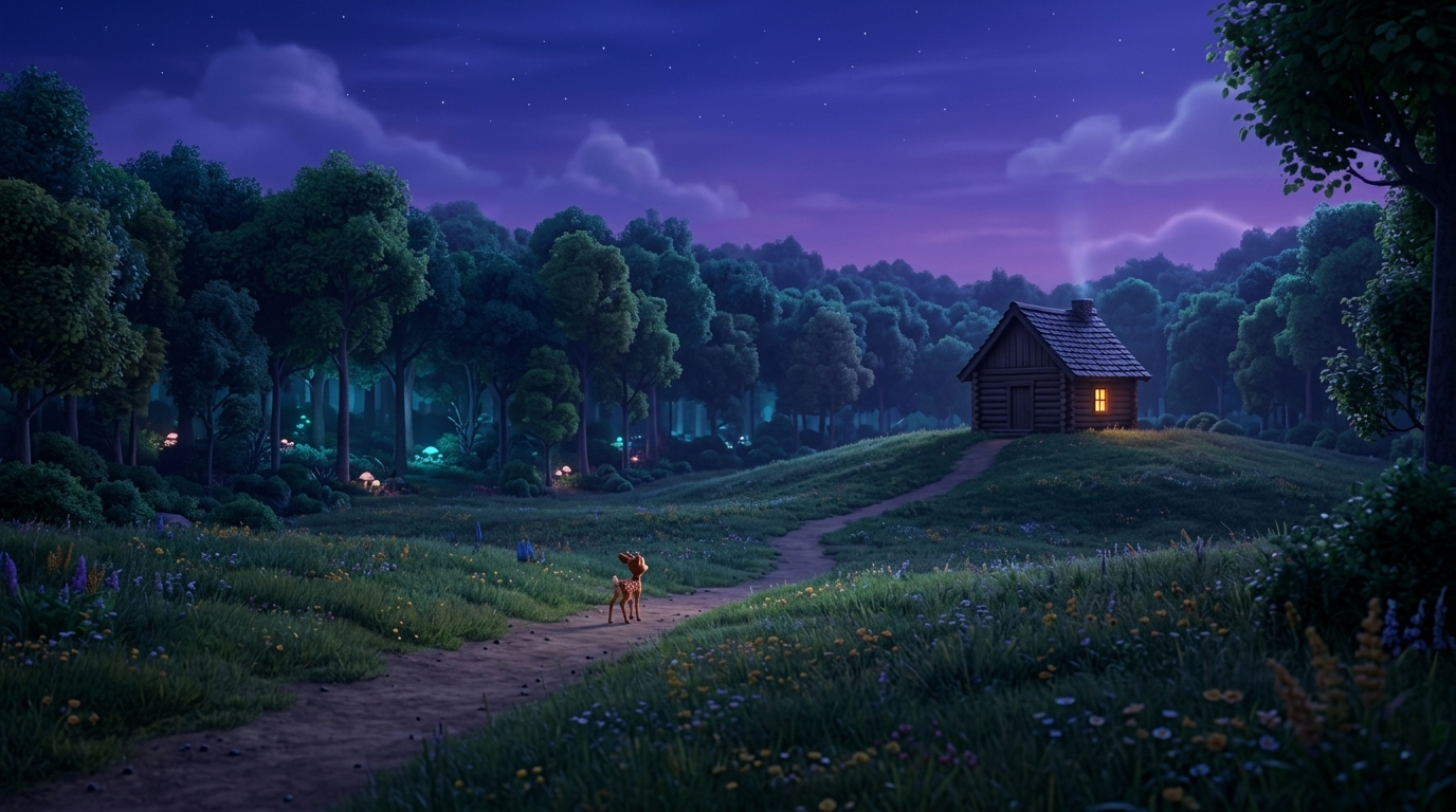 Extreme wide shot. A small, cozy wooden cabin perched on a distant hill at the edge of the forest. A single warm yellow light glows from a small window. --ar 16:9