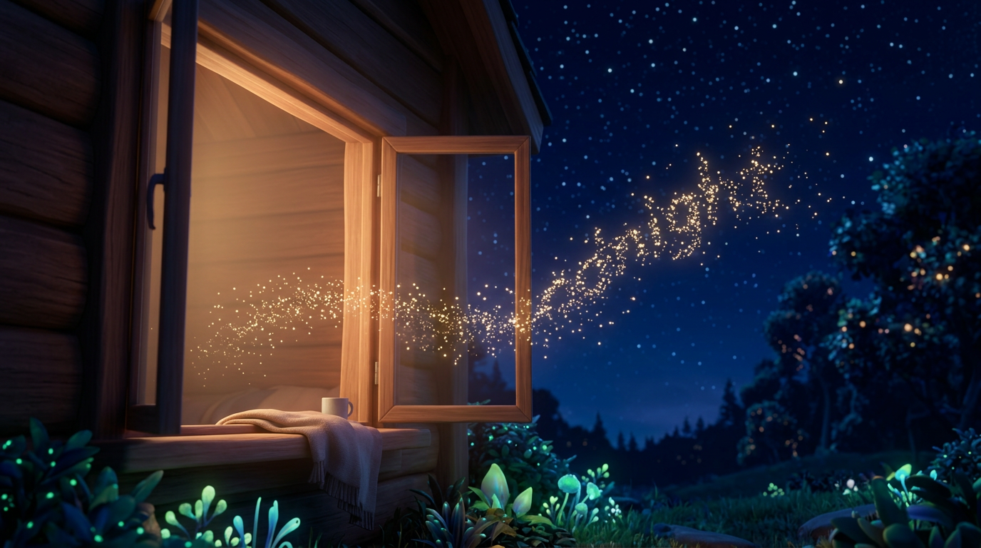 Lens shot. A trail of golden magical particles floating out of the open cabin window into the dark blue night sky. The particles represent the sound of the 'Goodnight'. --ar 16:9 没有角色出现