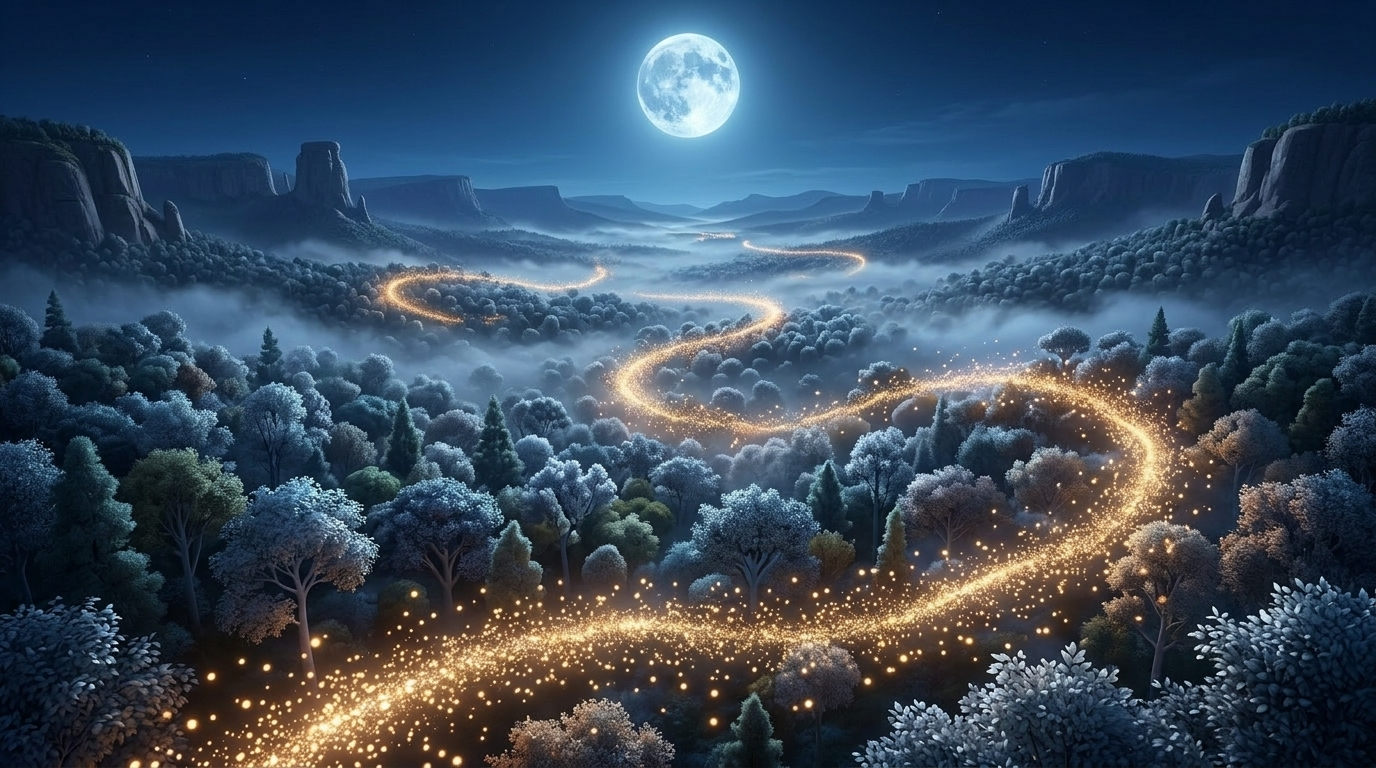 Tracking shot. The golden particles flying over a misty valley under the full moon. Below, the forest looks like a sea of silver leaves. Cinematic and grand scale. --ar 16:9 没有人物角色出现