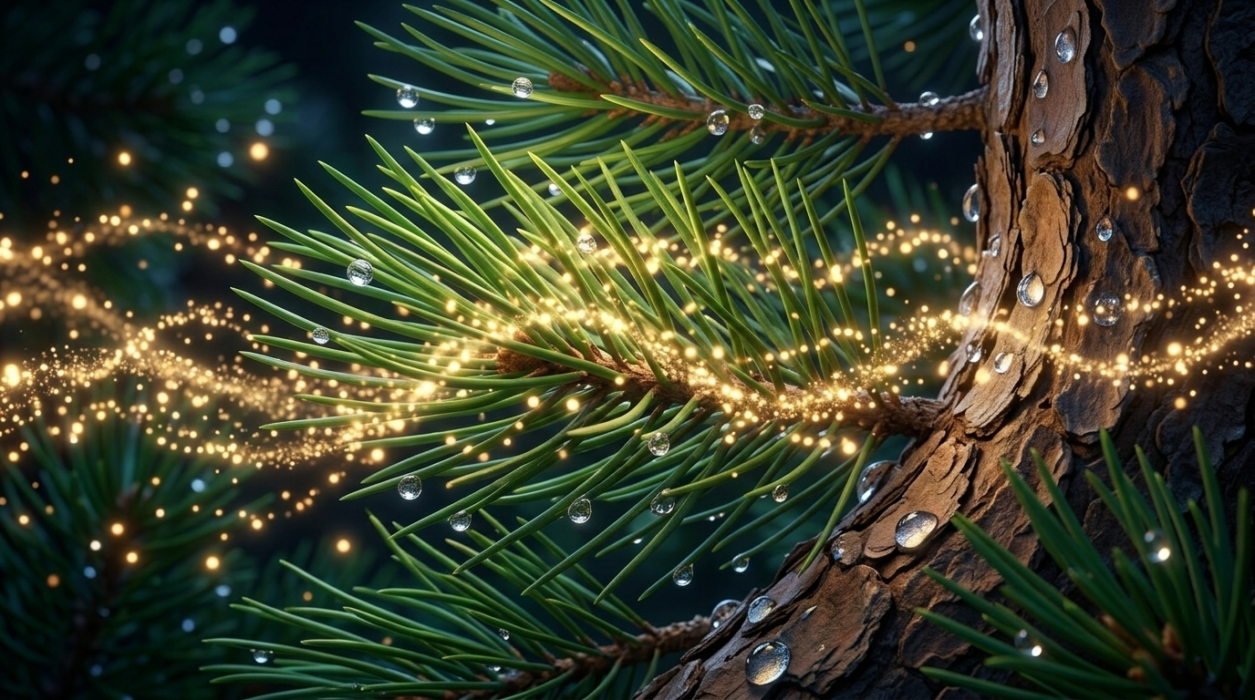 Macro shot. Golden light particles weaving through sharp green pine needles. The needles are covered in silver dew. The light illuminates the texture of the bark and the dew. --ar 16:9