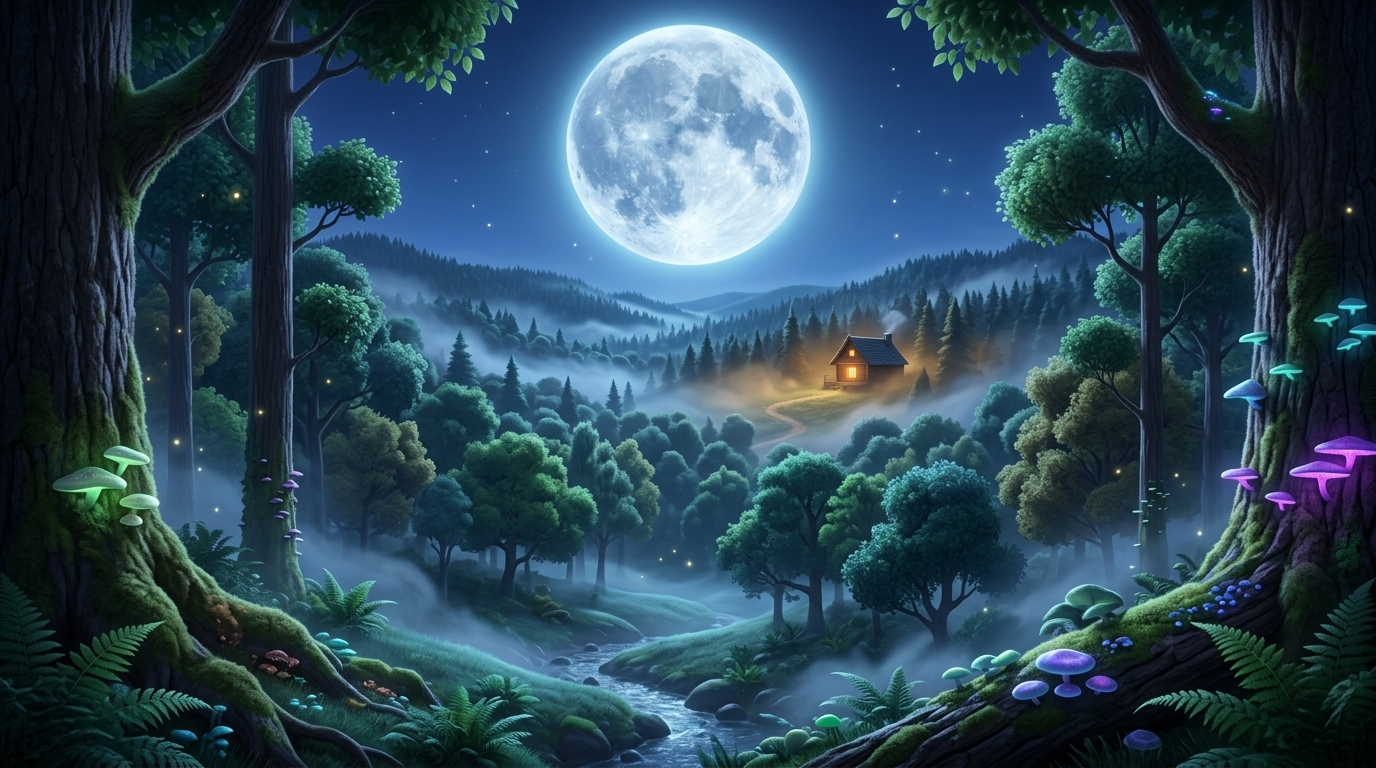 Wide shot. The entire forest under a massive, bright full moon. Mist rolls gently between the trees. The cabin light in the distance is now a soft, steady pulse of warmth. --ar 16:9 没有人物角色出现